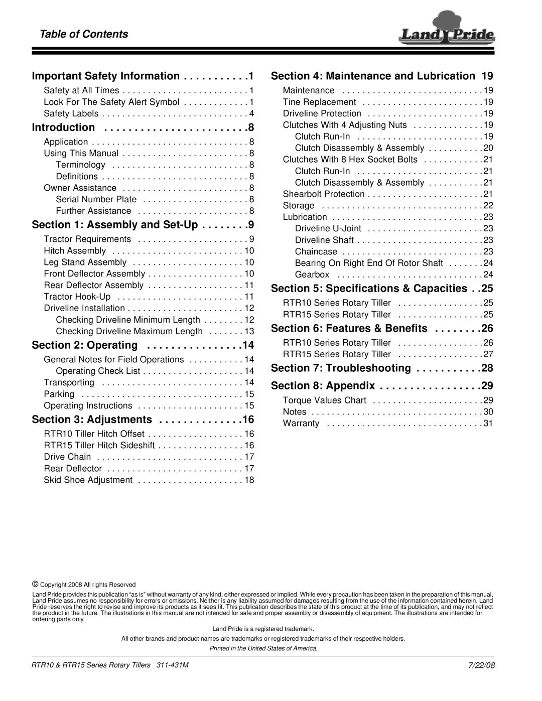 Land Pride RTR1558, RTR1550 manual Table of Contents 