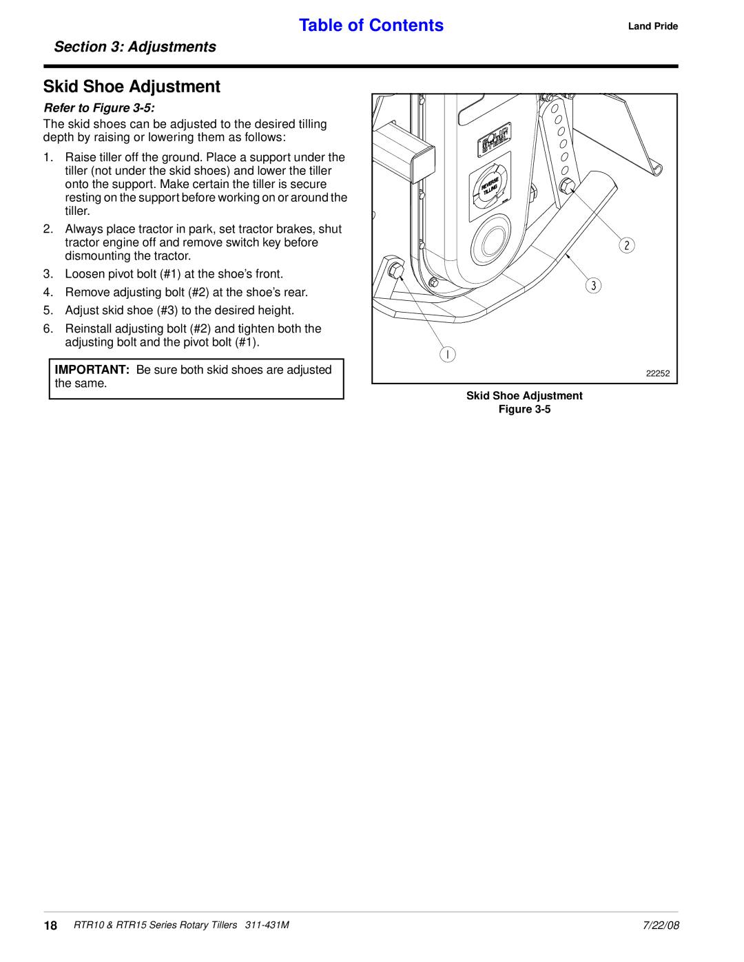 Land Pride RTR1558, RTR1550 manual Skid Shoe Adjustment 