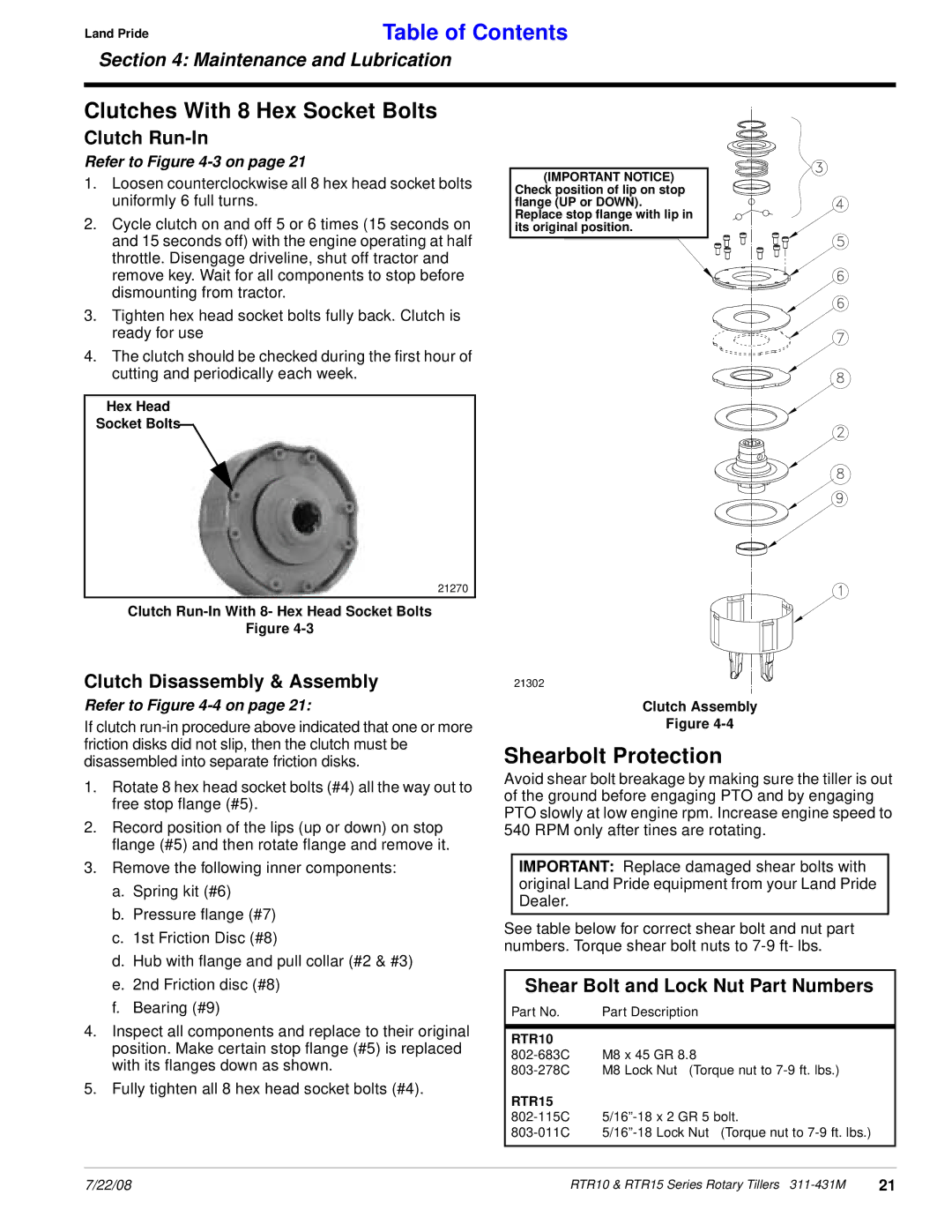 Land Pride RTR1558, RTR1550 Clutches With 8 Hex Socket Bolts, Shearbolt Protection, Shear Bolt and Lock Nut Part Numbers 