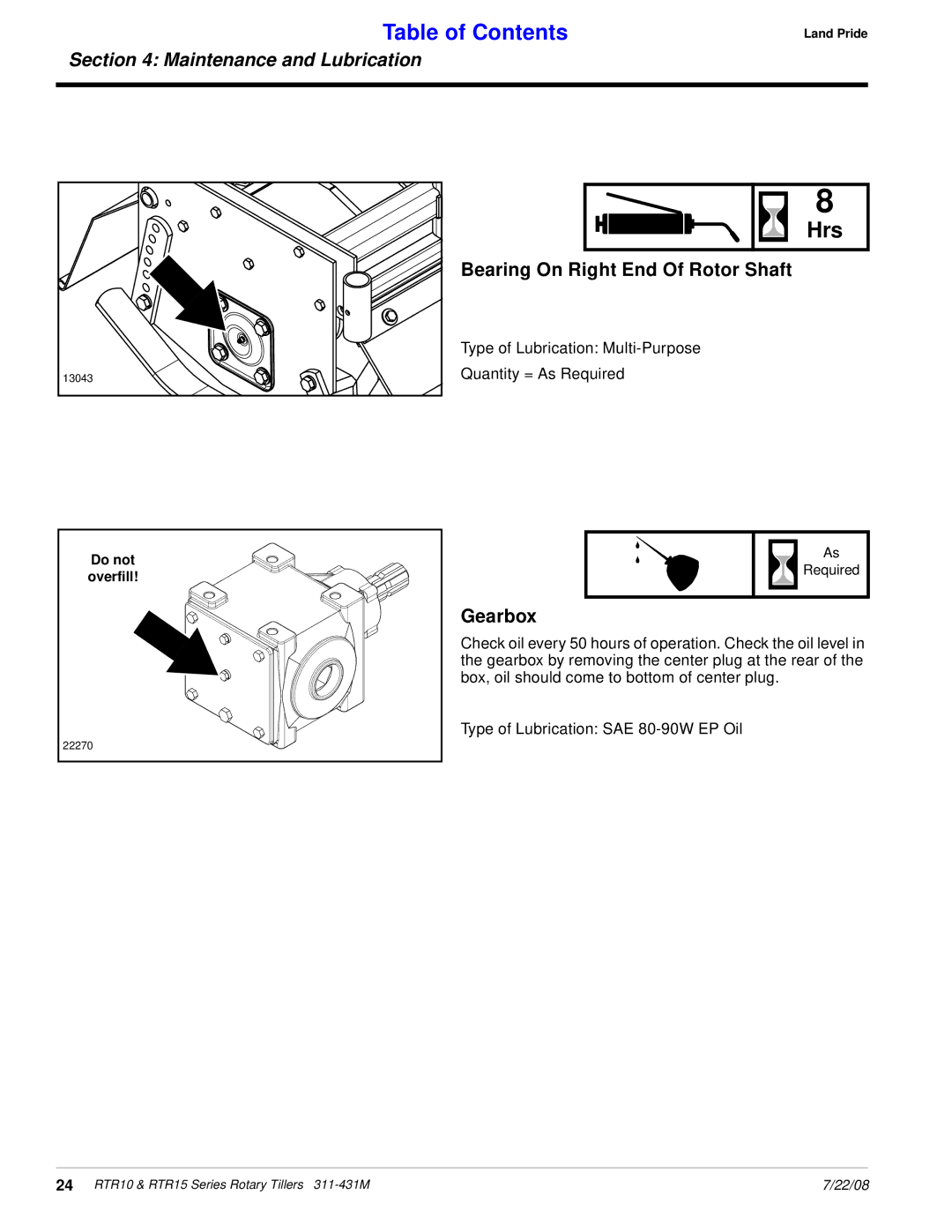 Land Pride RTR1558, RTR1550 manual Bearing On Right End Of Rotor Shaft, Gearbox 