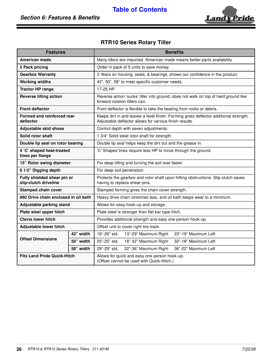 Land Pride RTR1550, RTR1558 manual Features & Beneﬁts, Features Benefits 