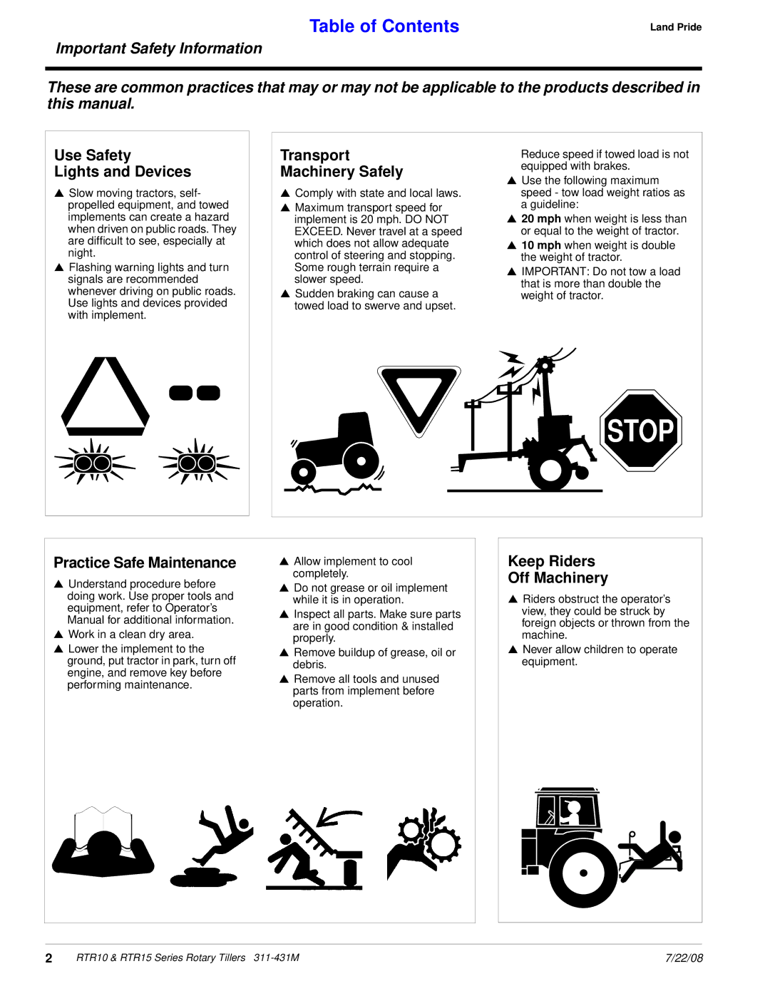 Land Pride RTR1550, RTR1558 Important Safety Information, Use Safety Lights and Devices, Transport Machinery Safely 