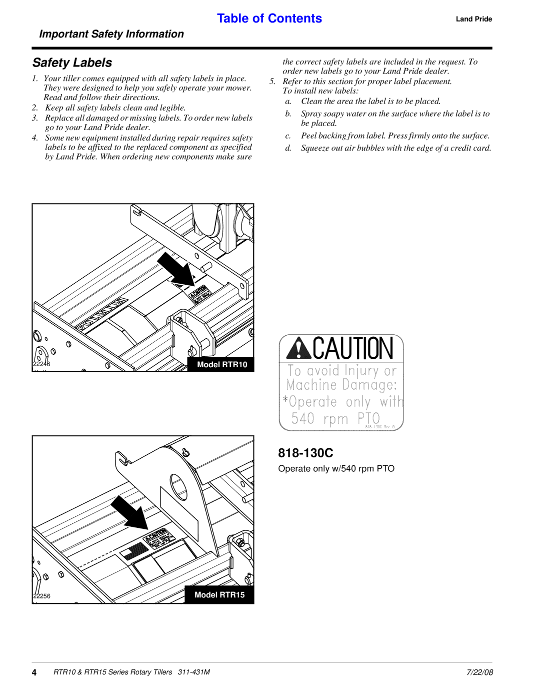 Land Pride RTR1550, RTR1558 manual Safety Labels, 818-130C 