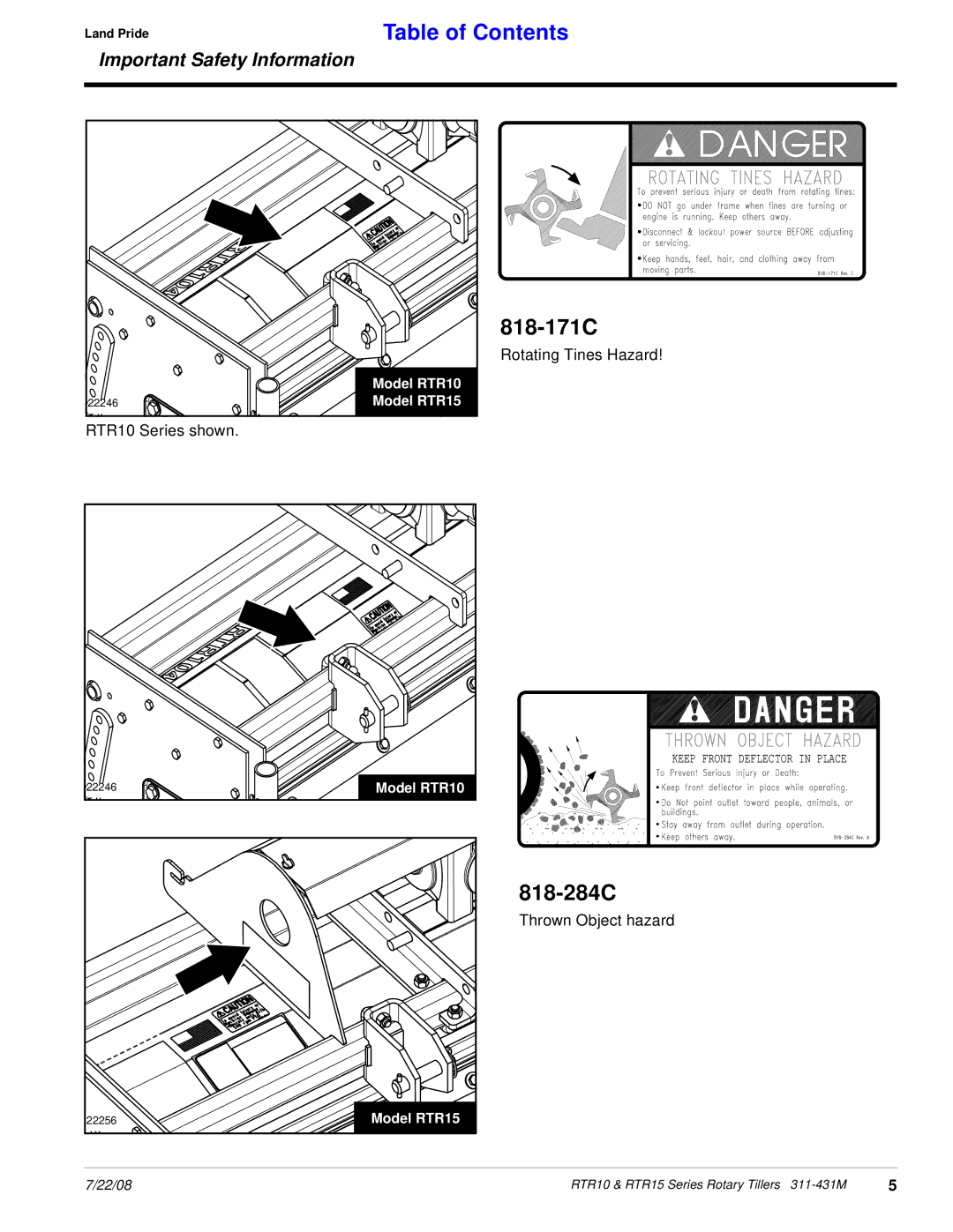 Land Pride RTR1550, RTR1558 manual 818-171C, 818-284C 