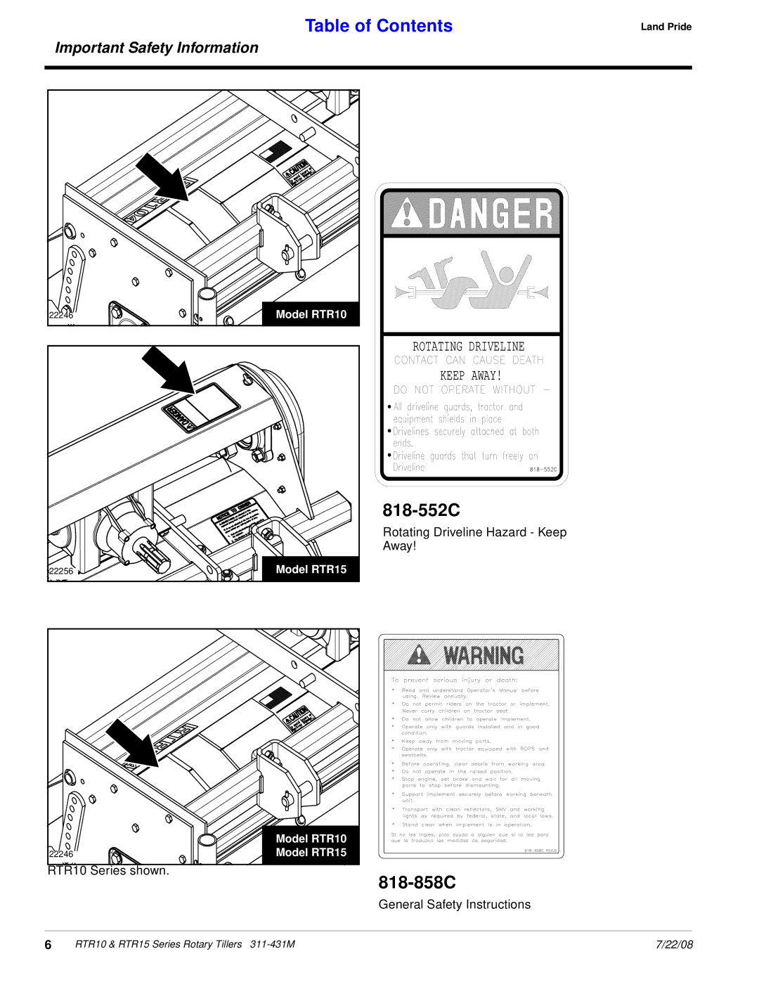 Land Pride RTR1558, RTR1550 manual 818-552C 