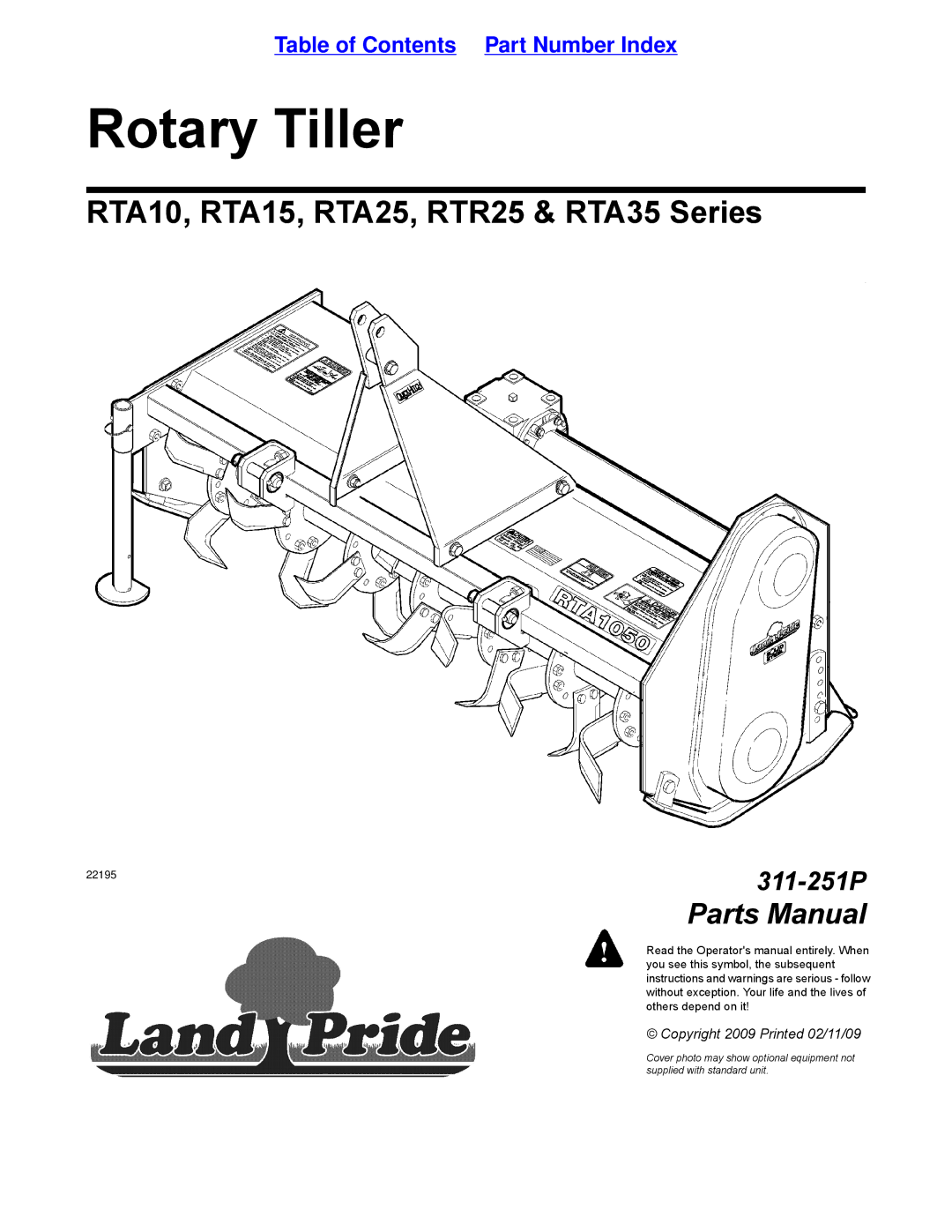 Land Pride RTA25, RTR25, RTA15, RTA35 Series, RTA10 manual Rotary Tiller 