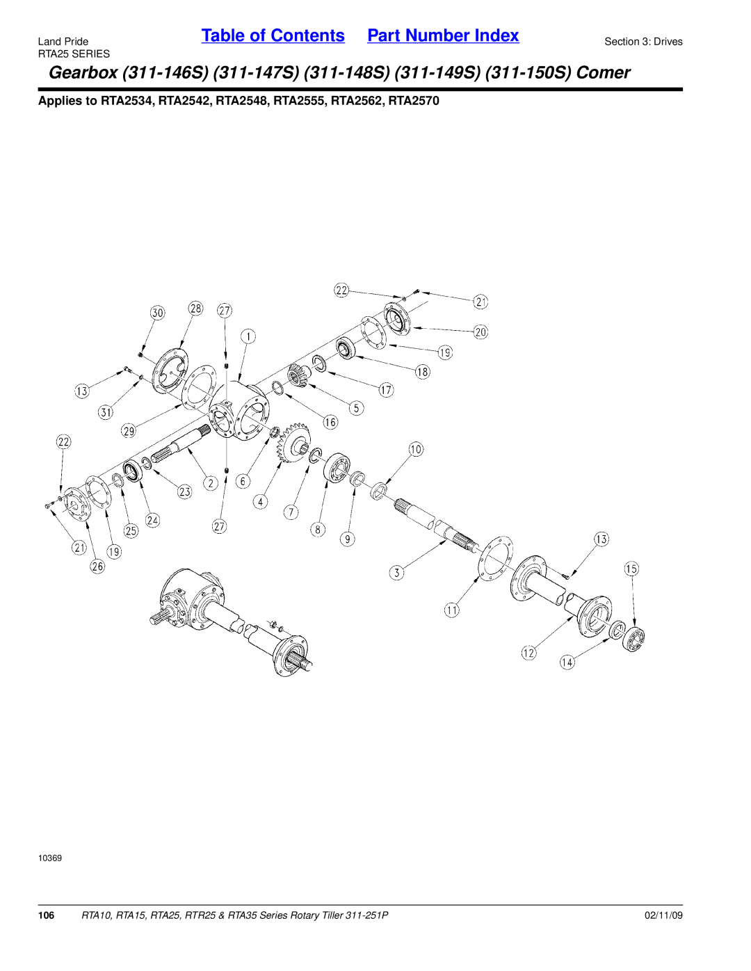 Land Pride RTA25, RTR25, RTA15, RTA35 Series, RTA10 manual Gearbox 311-146S 311-147S 311-148S 311-149S 311-150S Comer 