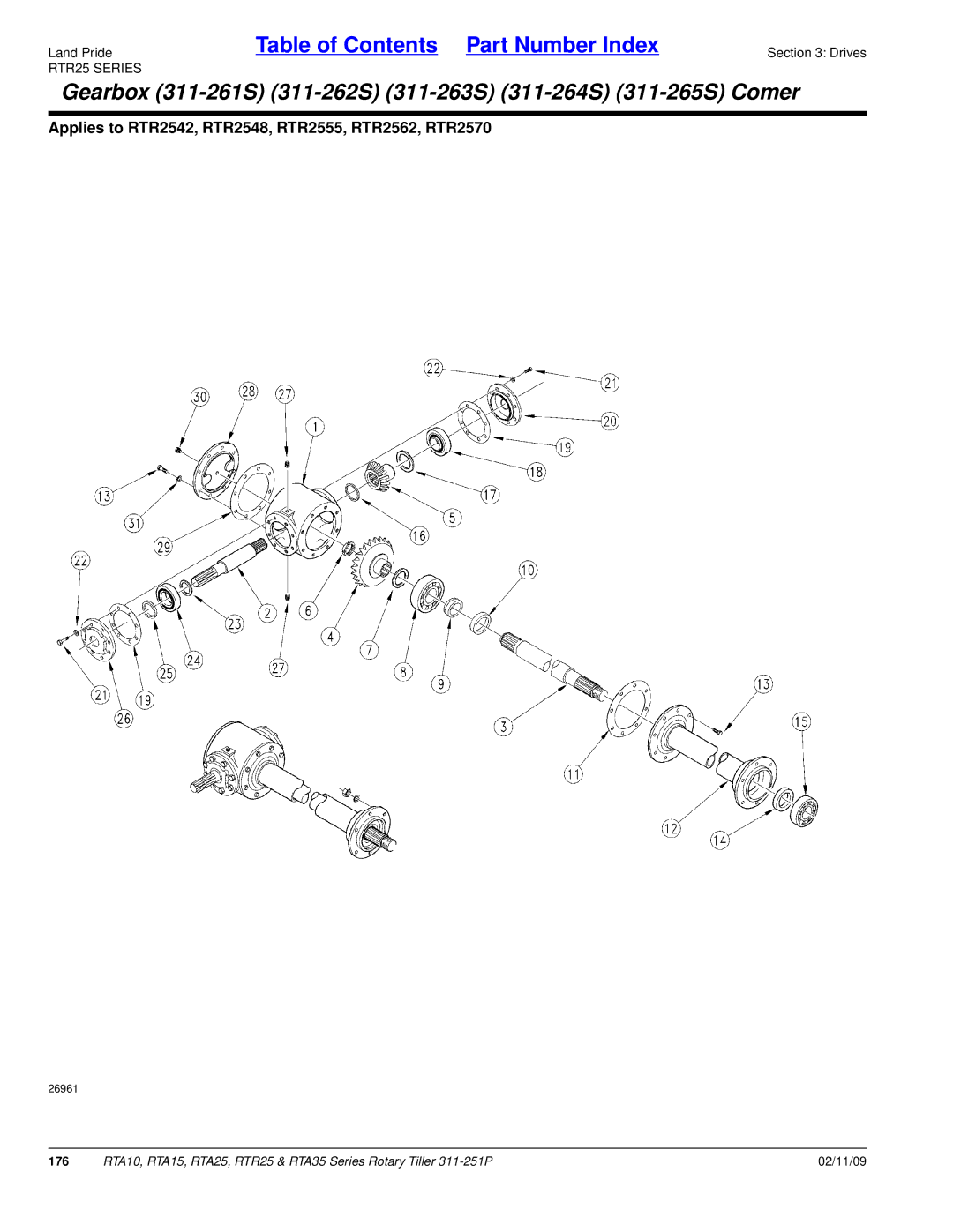 Land Pride RTA25, RTR25, RTA15, RTA35 Series, RTA10 manual Gearbox 311-261S 311-262S 311-263S 311-264S 311-265S Comer 