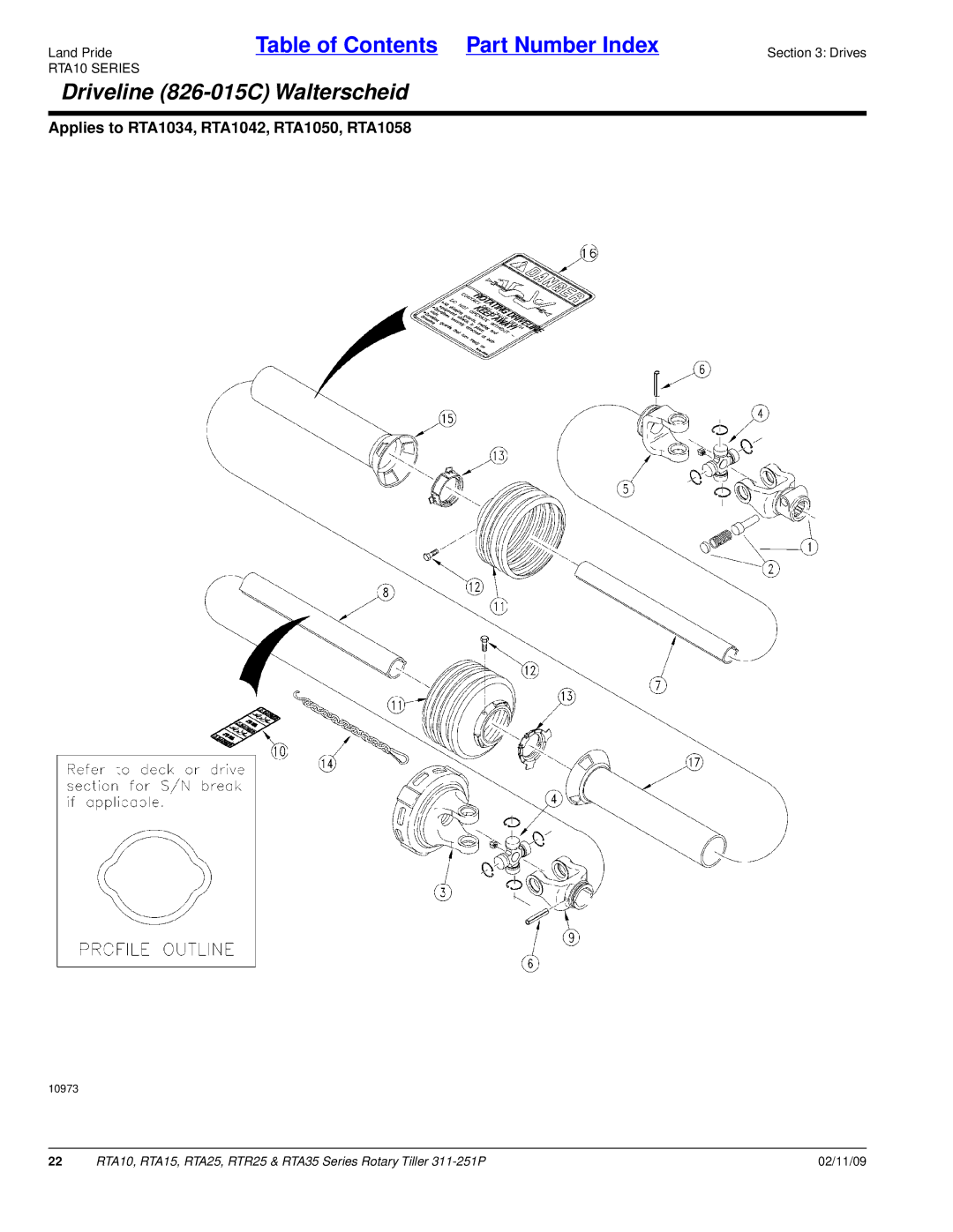 Land Pride RTA15, RTR25, RTA25, RTA35 Series, RTA10 manual Driveline 826-015C Walterscheid 