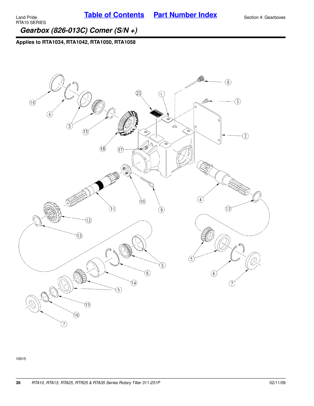 Land Pride RTA25, RTR25, RTA15, RTA35 Series, RTA10 manual Gearbox 826-013C Comer S/N + 