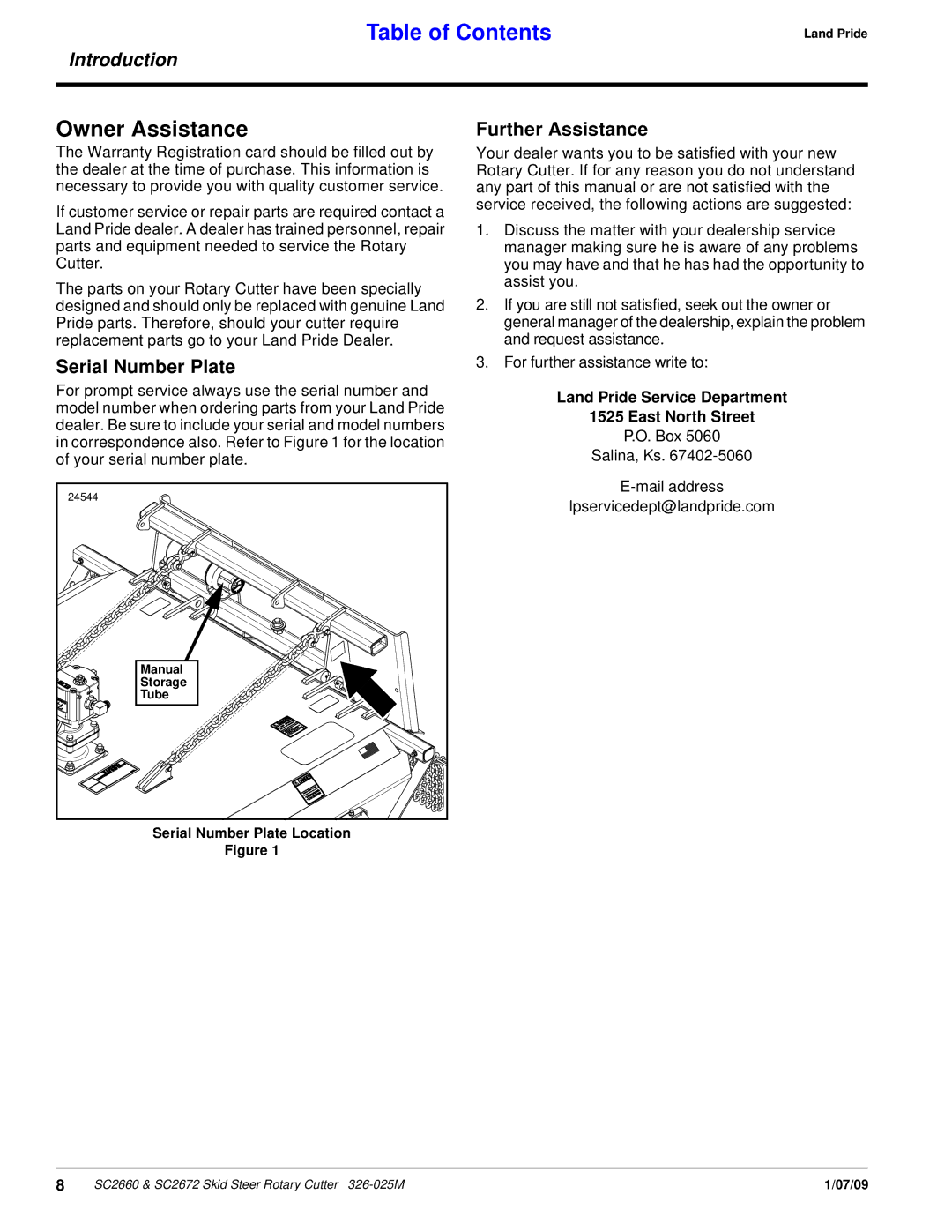 Land Pride SC2660, SC2672 manual Owner Assistance, Serial Number Plate, Further Assistance 