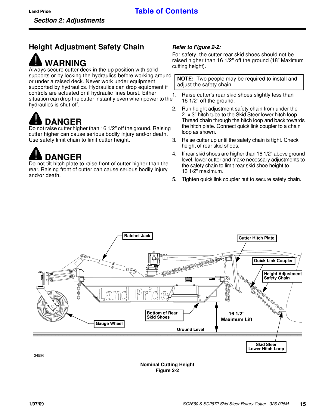 Land Pride SC2672, SC2660 manual Height Adjustment Safety Chain 