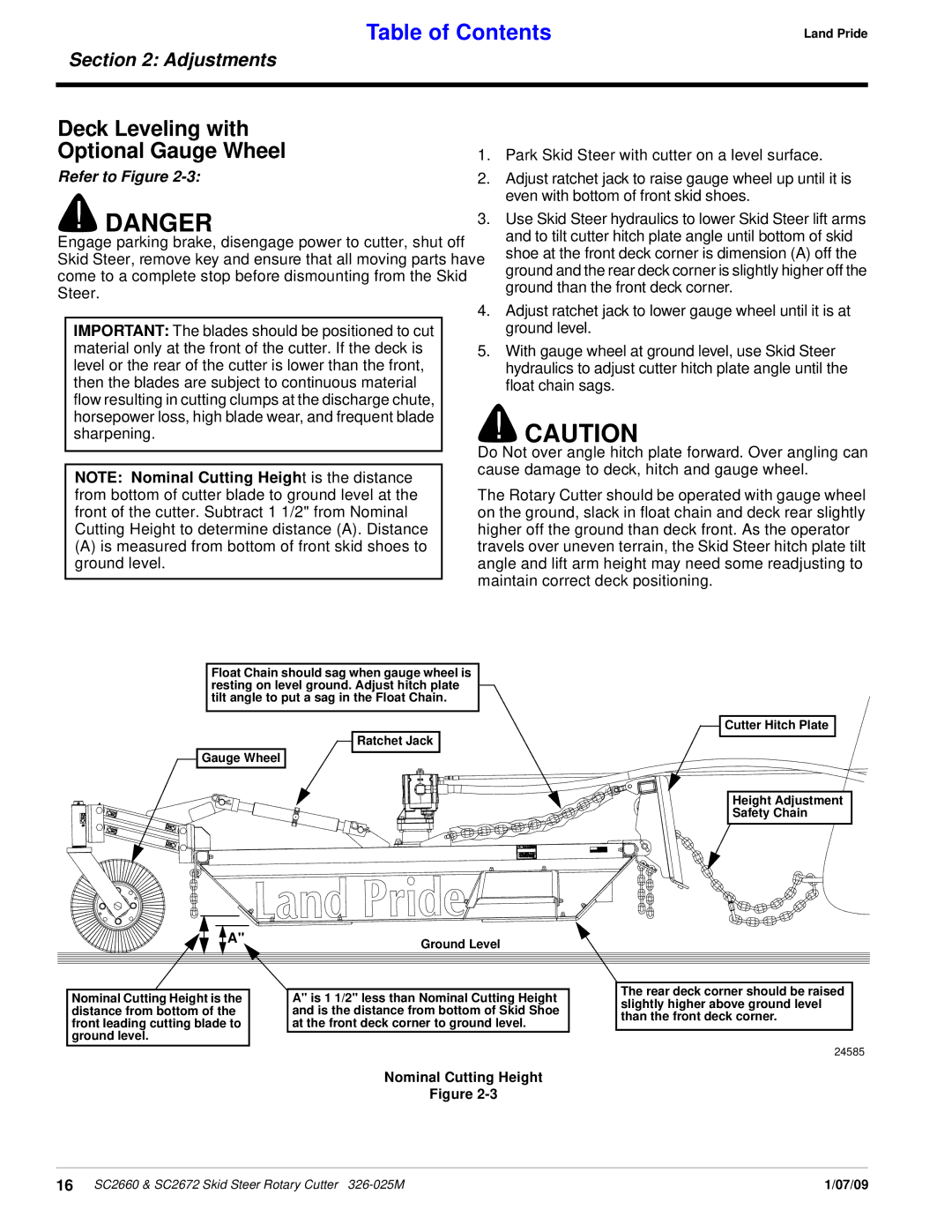 Land Pride SC2660, SC2672 manual Deck Leveling with Optional Gauge Wheel 