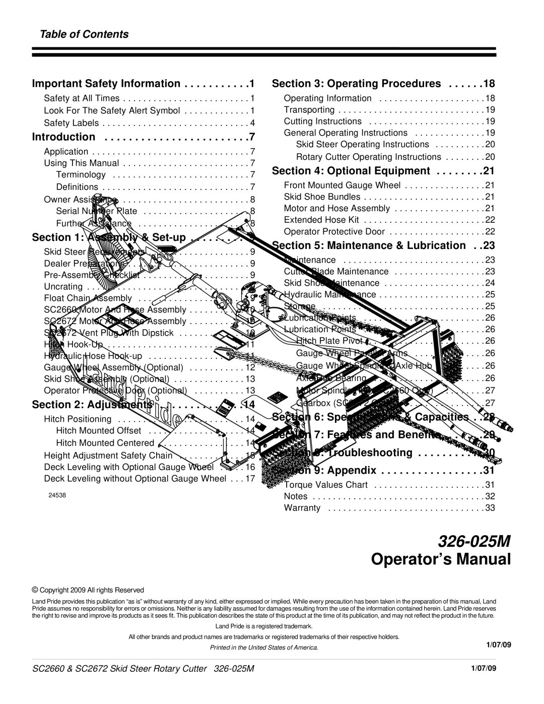 Land Pride SC2660, SC2672 manual Table of Contents 