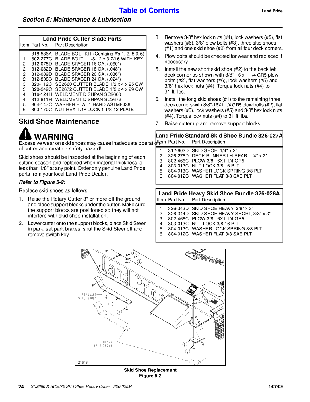 Land Pride SC2660, SC2672 manual Skid Shoe Maintenance, Land Pride Cutter Blade Parts 