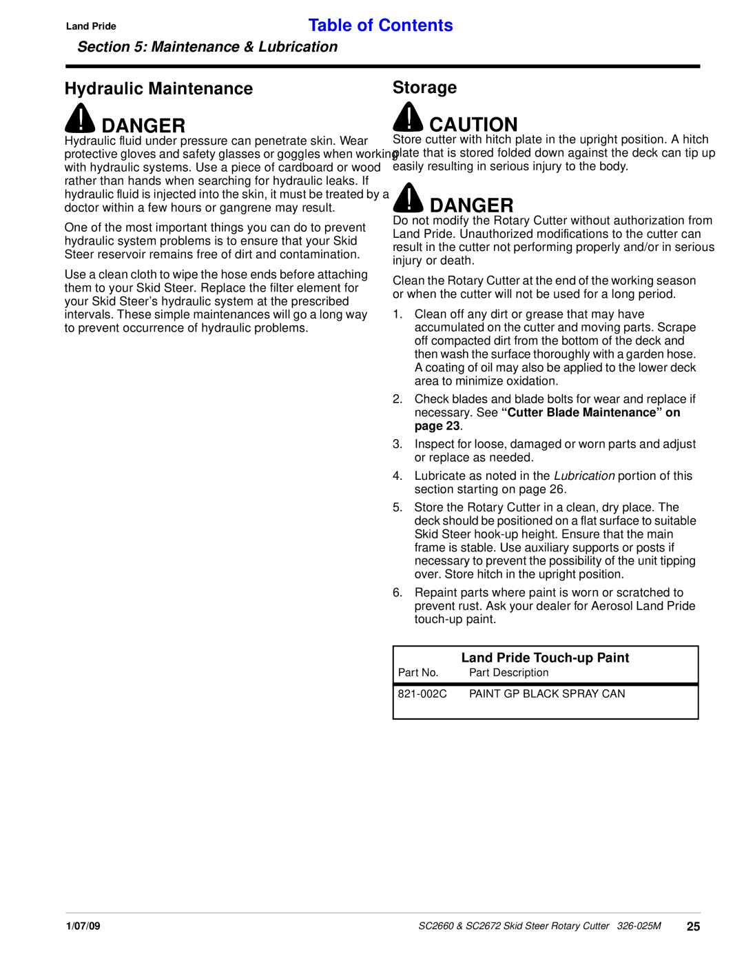Land Pride SC2672, SC2660 manual Hydraulic Maintenance, Storage 