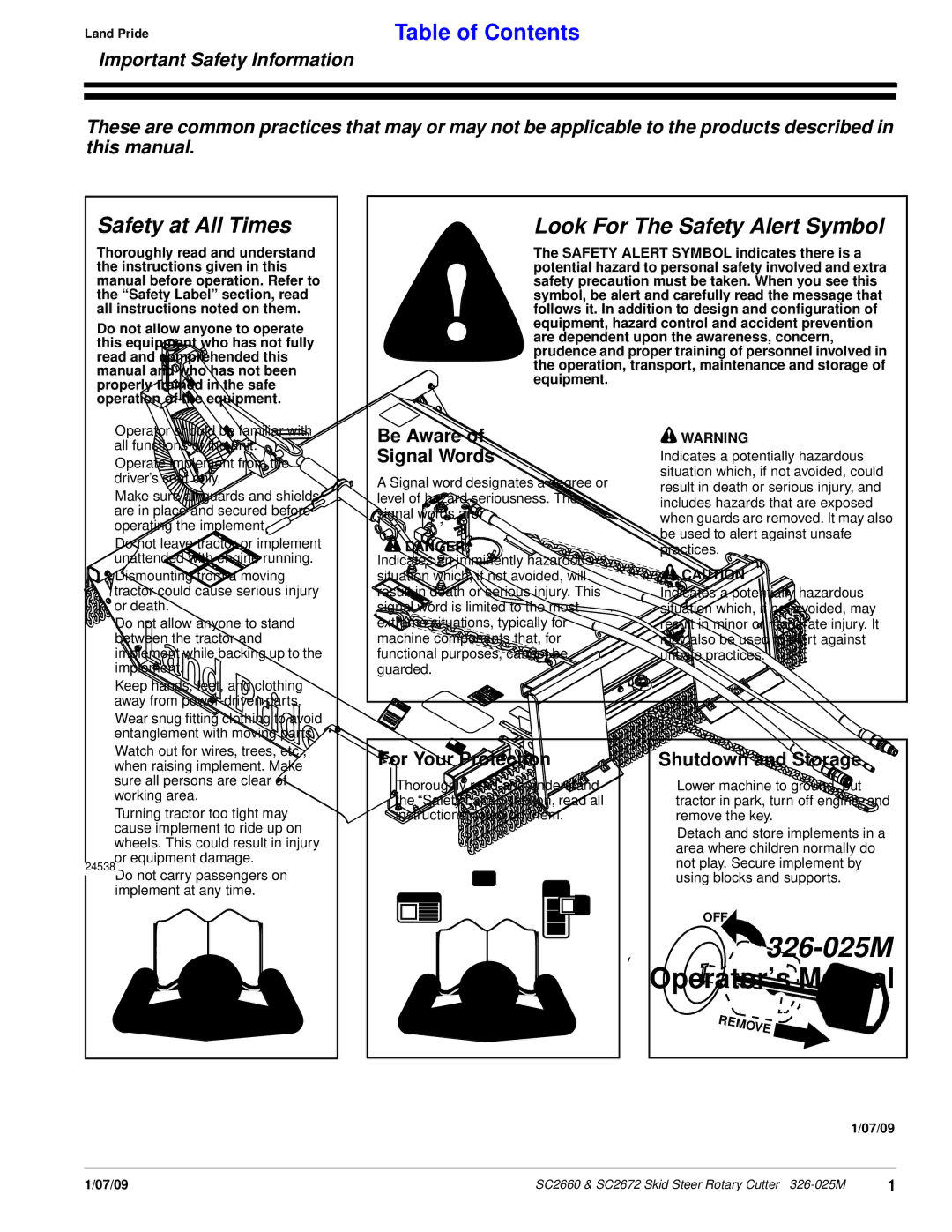 Land Pride SC2672, SC2660 manual Safety at All Times 