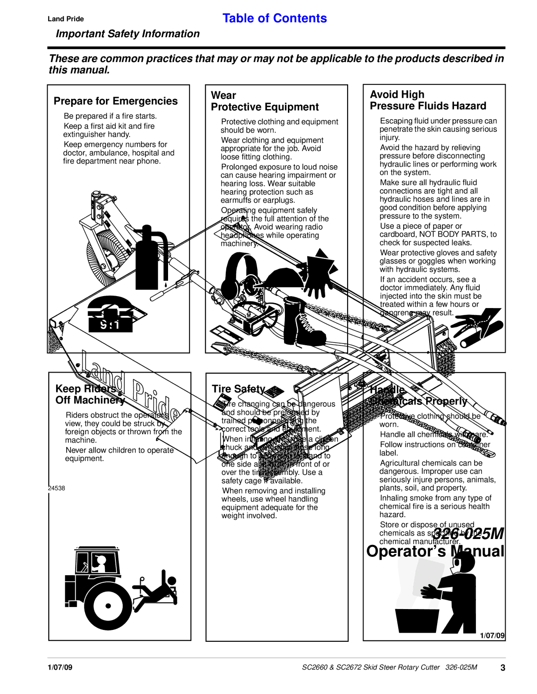 Land Pride SC2672 manual Prepare for Emergencies, Wear Protective Equipment, Avoid High Pressure Fluids Hazard, Tire Safety 