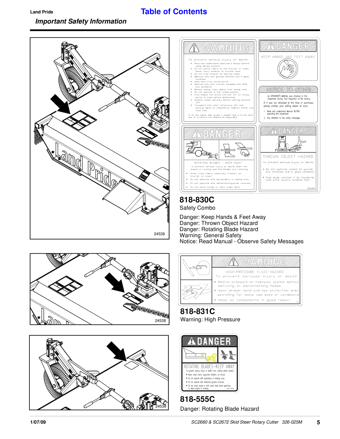 Land Pride SC2672, SC2660 manual 818-830C, 818-831C, 818-555C 