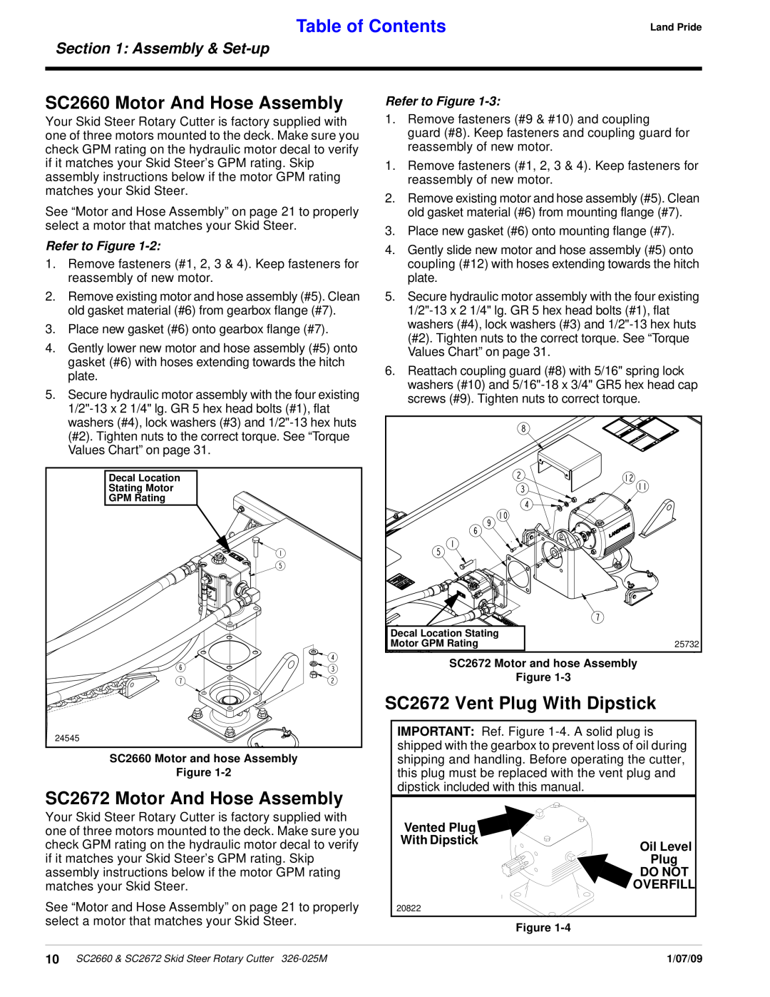 Land Pride manual SC2660 Motor And Hose Assembly, SC2672 Motor And Hose Assembly, SC2672 Vent Plug With Dipstick 