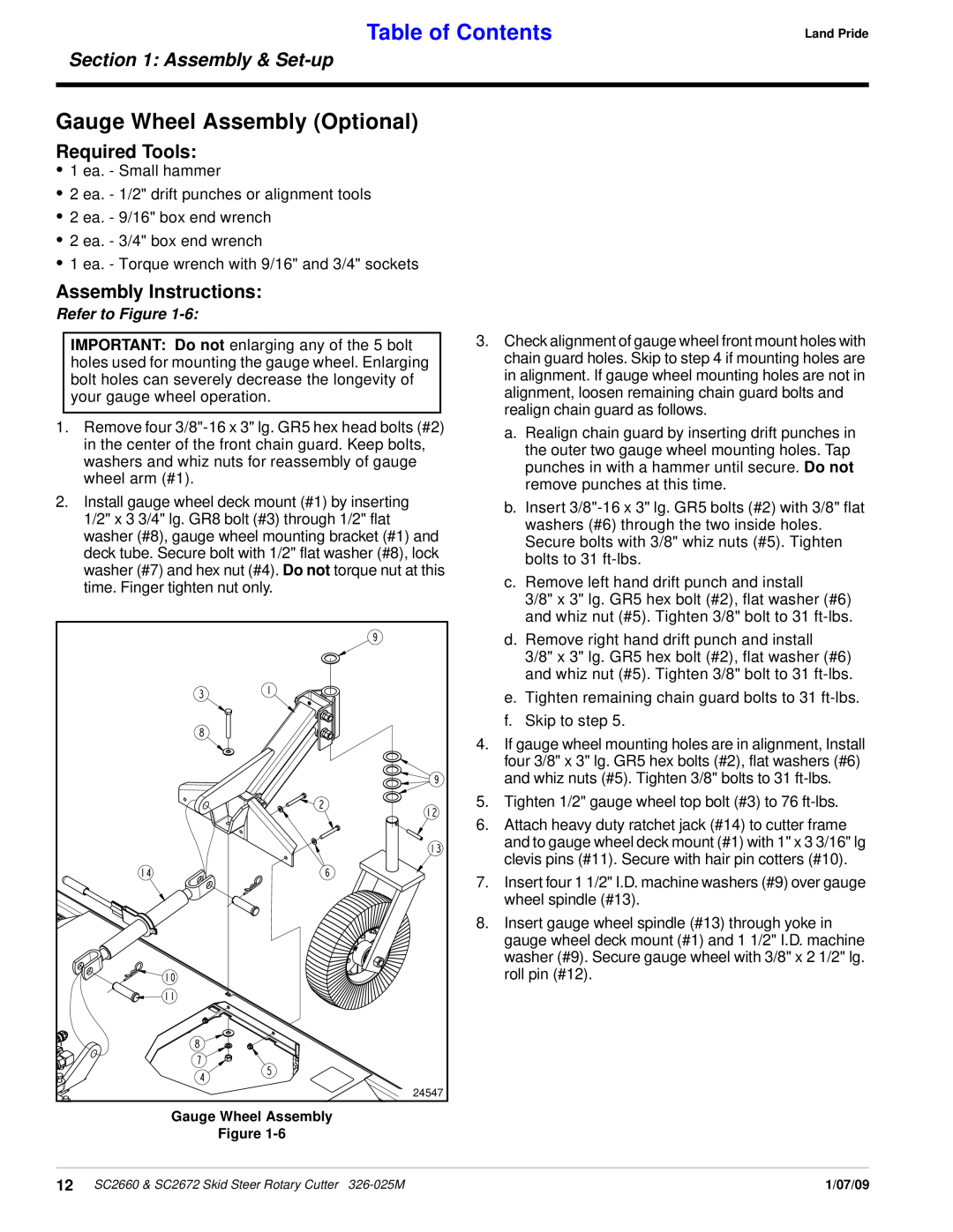 Land Pride SC2660 Gauge Wheel Assembly Optional, Required Tools, Assembly Instructions, Table of Contents, Refer to Figure 