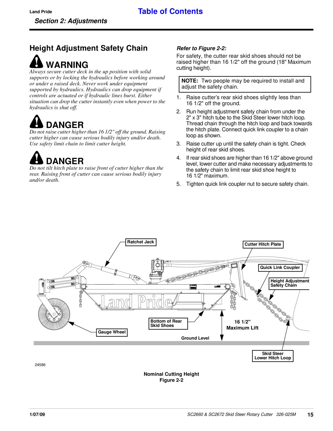 Land Pride SC2672, SC2660 manual Height Adjustment Safety Chain, Danger, Table of Contents, Adjustments, Refer to Figure 