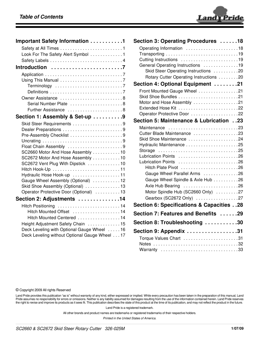 Land Pride SC2660, SC2672 Table of Contents, Important Safety Information, Introduction, Assembly & Set-up, Adjustments 
