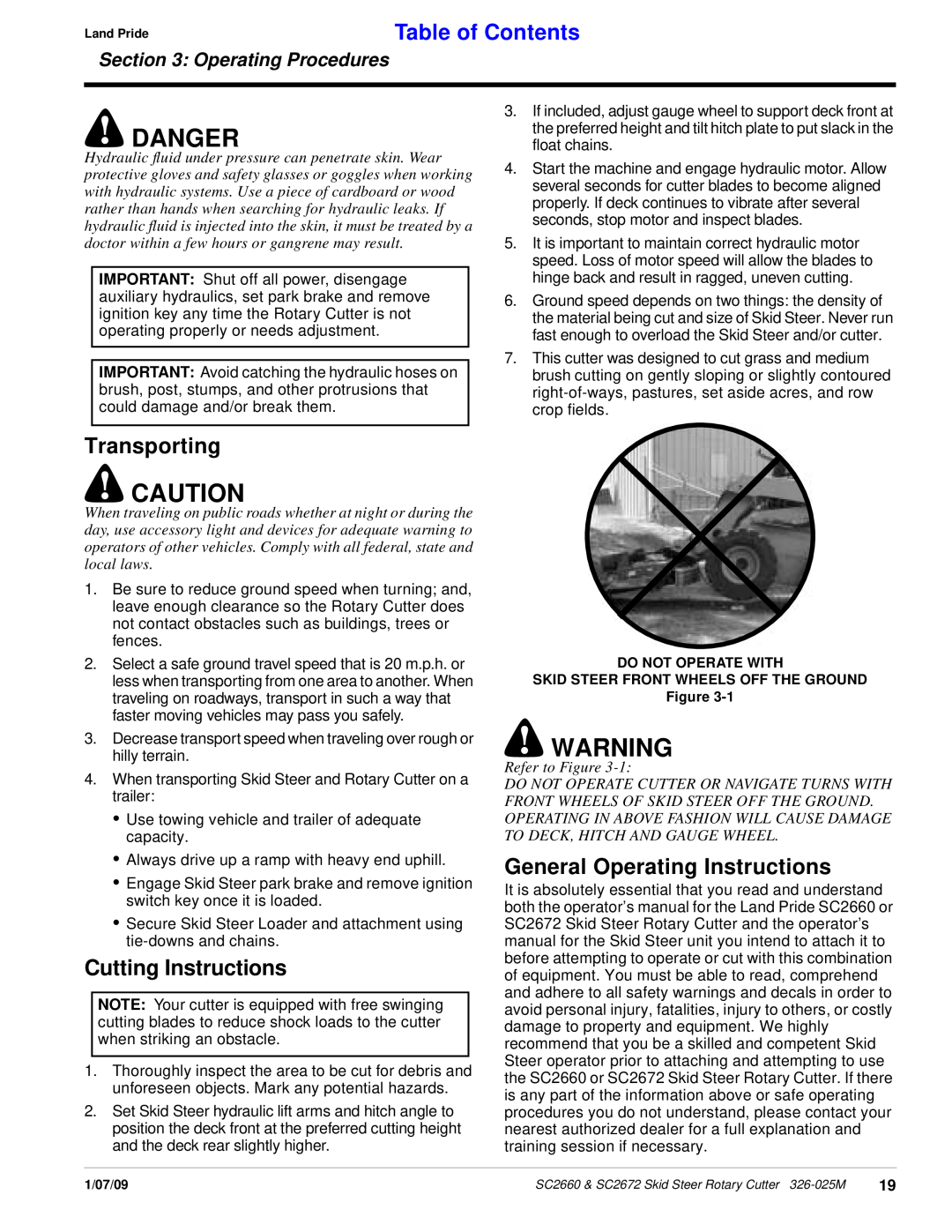 Land Pride SC2672, SC2660 Transporting, Cutting Instructions, General Operating Instructions, Danger, Table of Contents 
