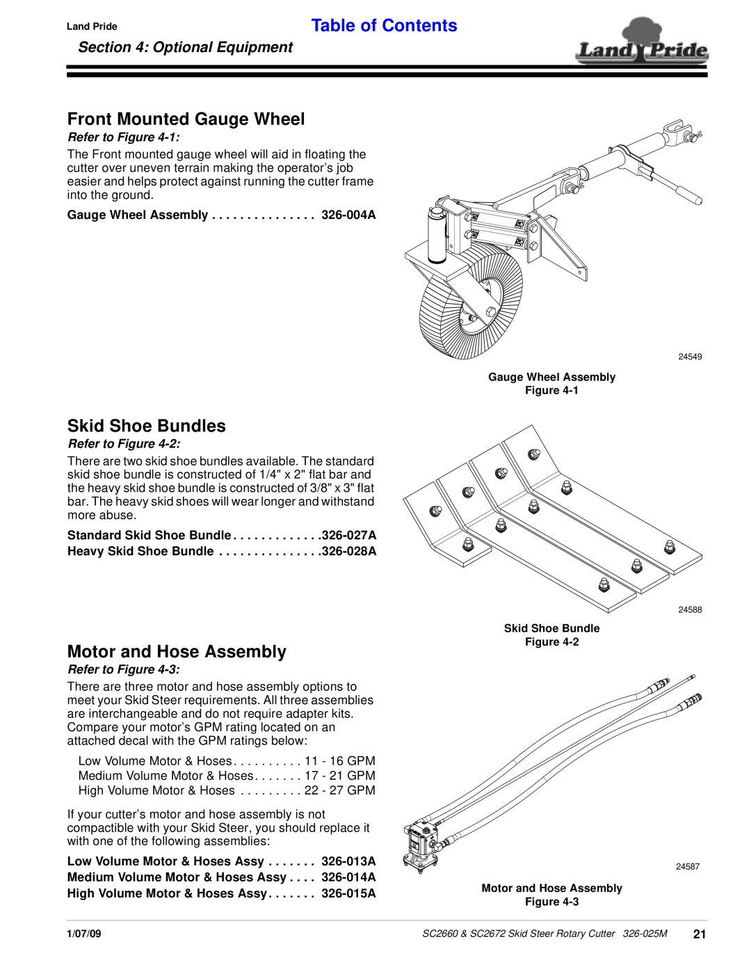 Land Pride SC2672, SC2660 manual Front Mounted Gauge Wheel, Skid Shoe Bundles, Motor and Hose Assembly, Optional Equipment 
