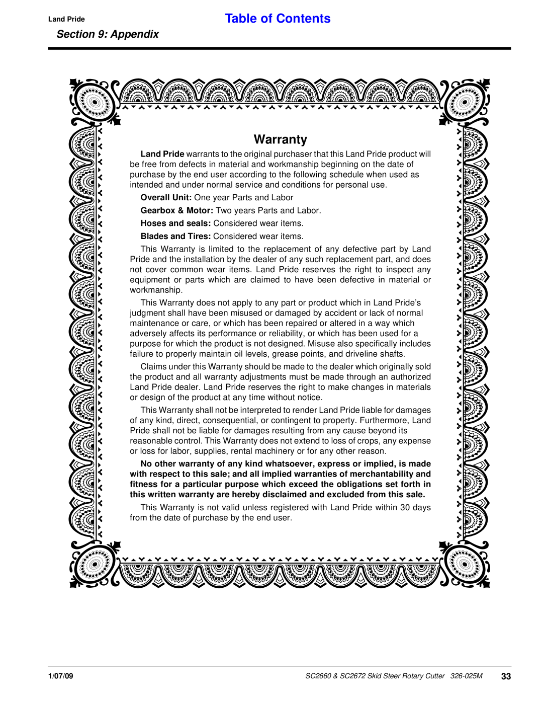 Land Pride SC2672, SC2660 manual Warranty, Table of Contents, Appendix 