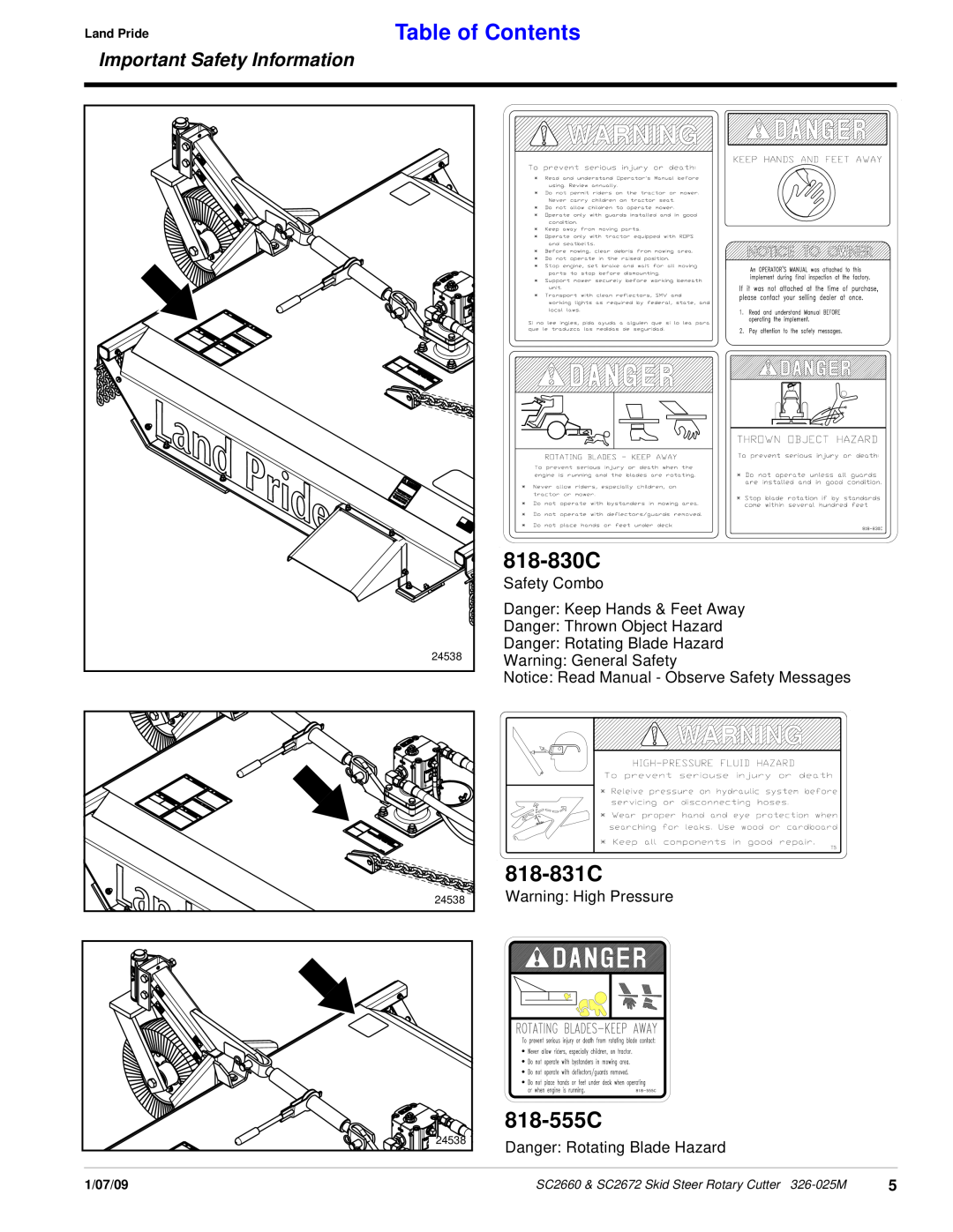 Land Pride SC2672 manual 818-830C, 818-831C, 818-555C, Table of Contents, Important Safety Information, Land Pride, 1/07/09 