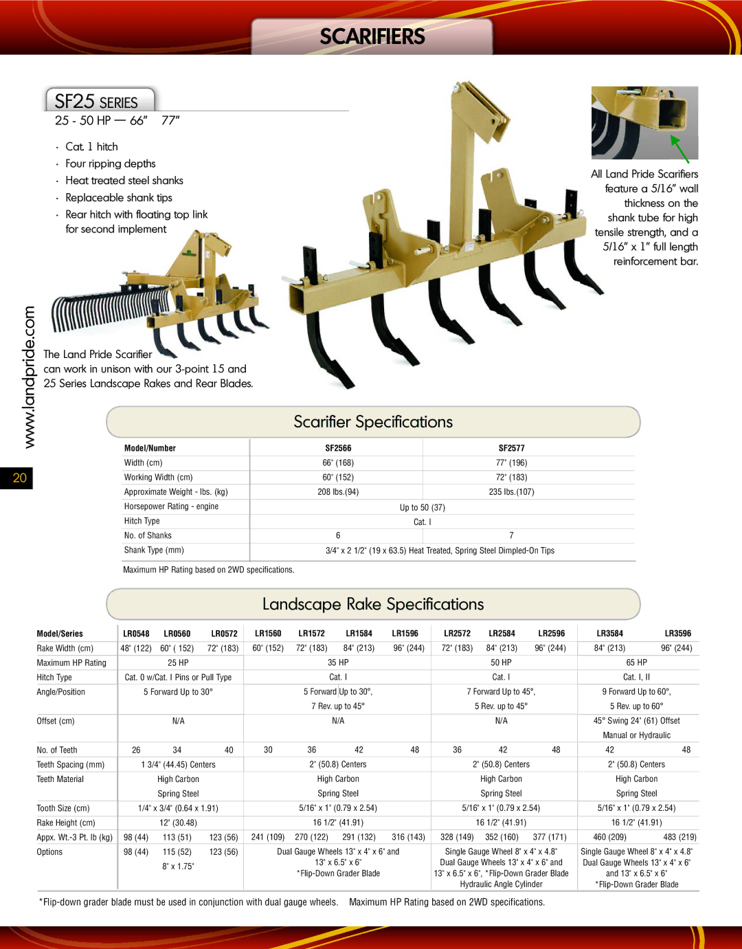 Land Pride SF25 Series specifications Scarifiers, Scarifier Specifications, Landscape Rake Specifications, 25 50 HP 66 