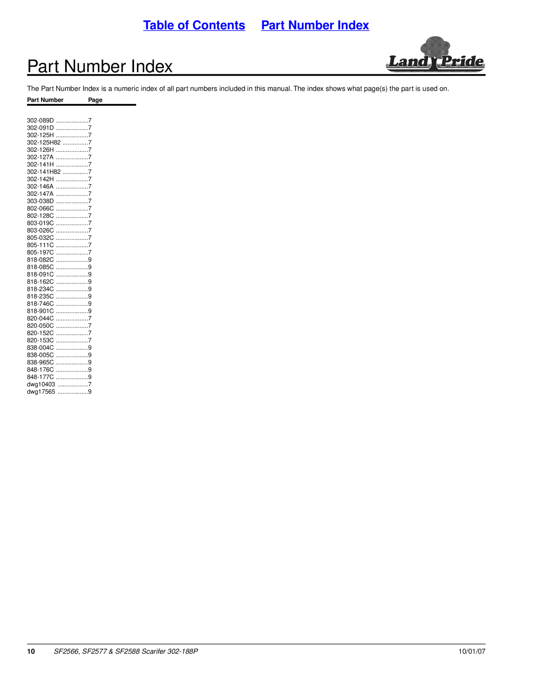 Land Pride SF2577, SF2588, SF2566 manual Part Number Index 