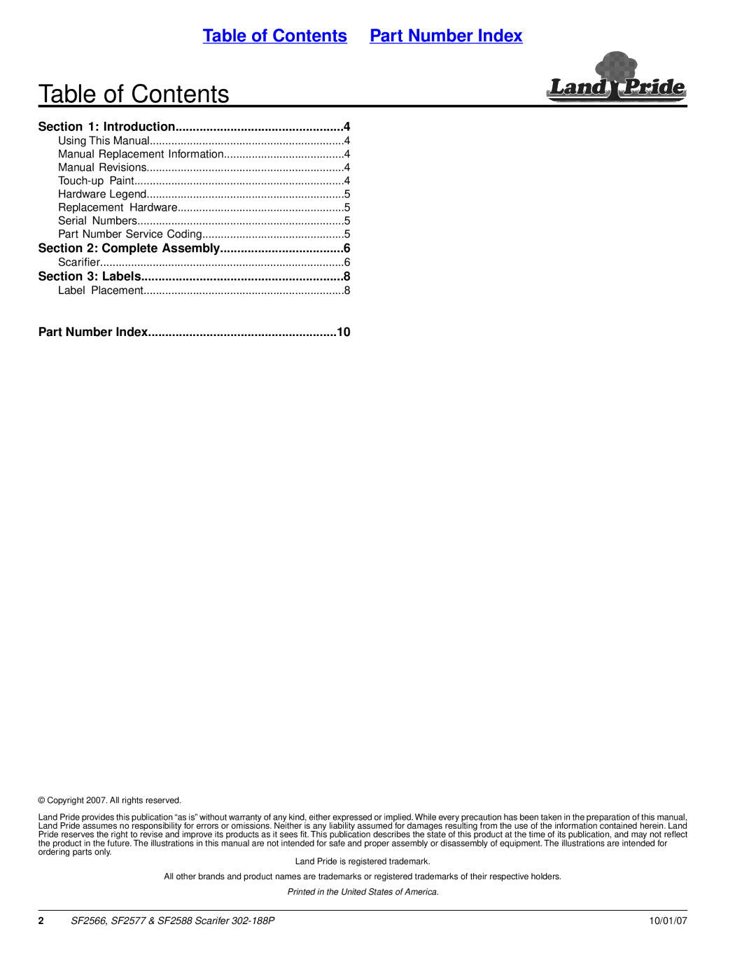 Land Pride SF2566, SF2588, SF2577 manual Table of Contents 