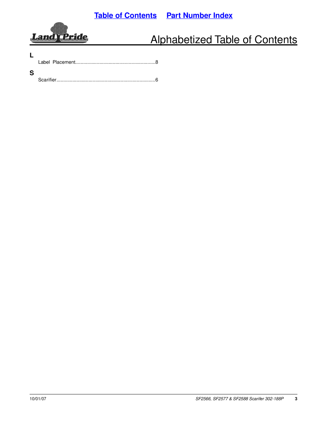 Land Pride SF2588, SF2577, SF2566 manual Alphabetized Table of Contents 