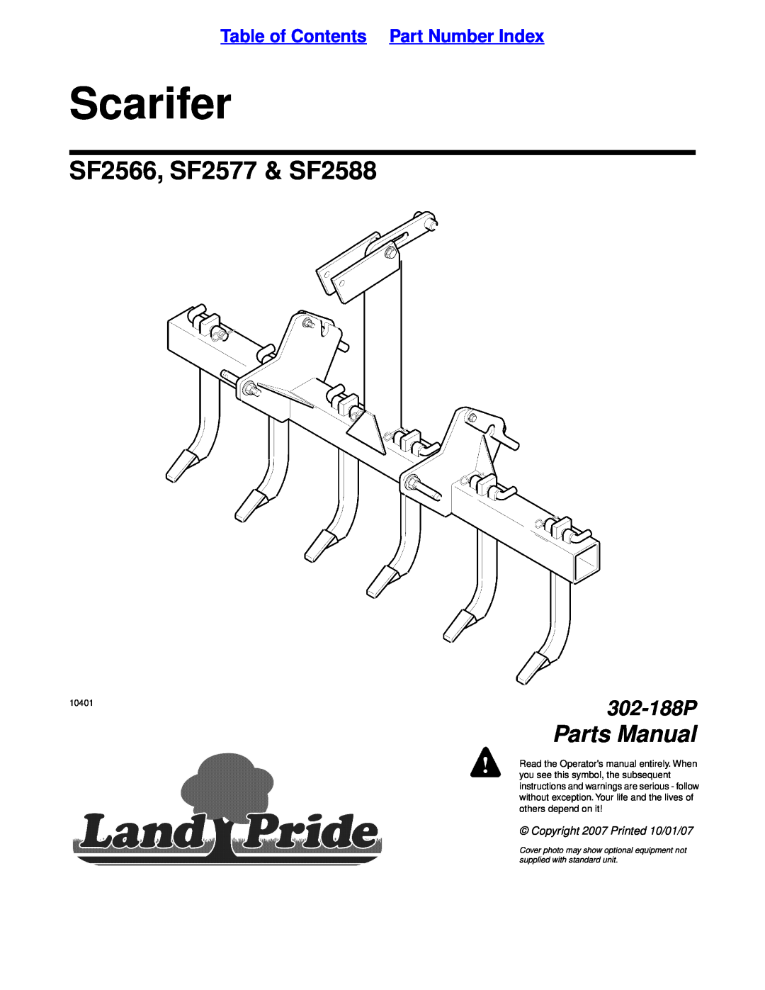 Land Pride manual Table of Contents Part Number Index, Scarifer, SF2566, SF2577 & SF2588, Parts Manual, 302-188P 
