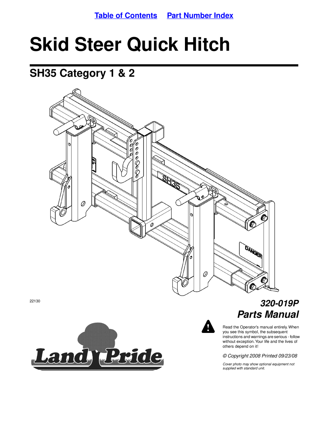 Land Pride SH35 manual Skid Steer Quick Hitch 