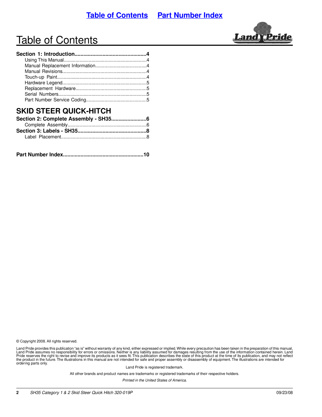 Land Pride SH35 manual Table of Contents 