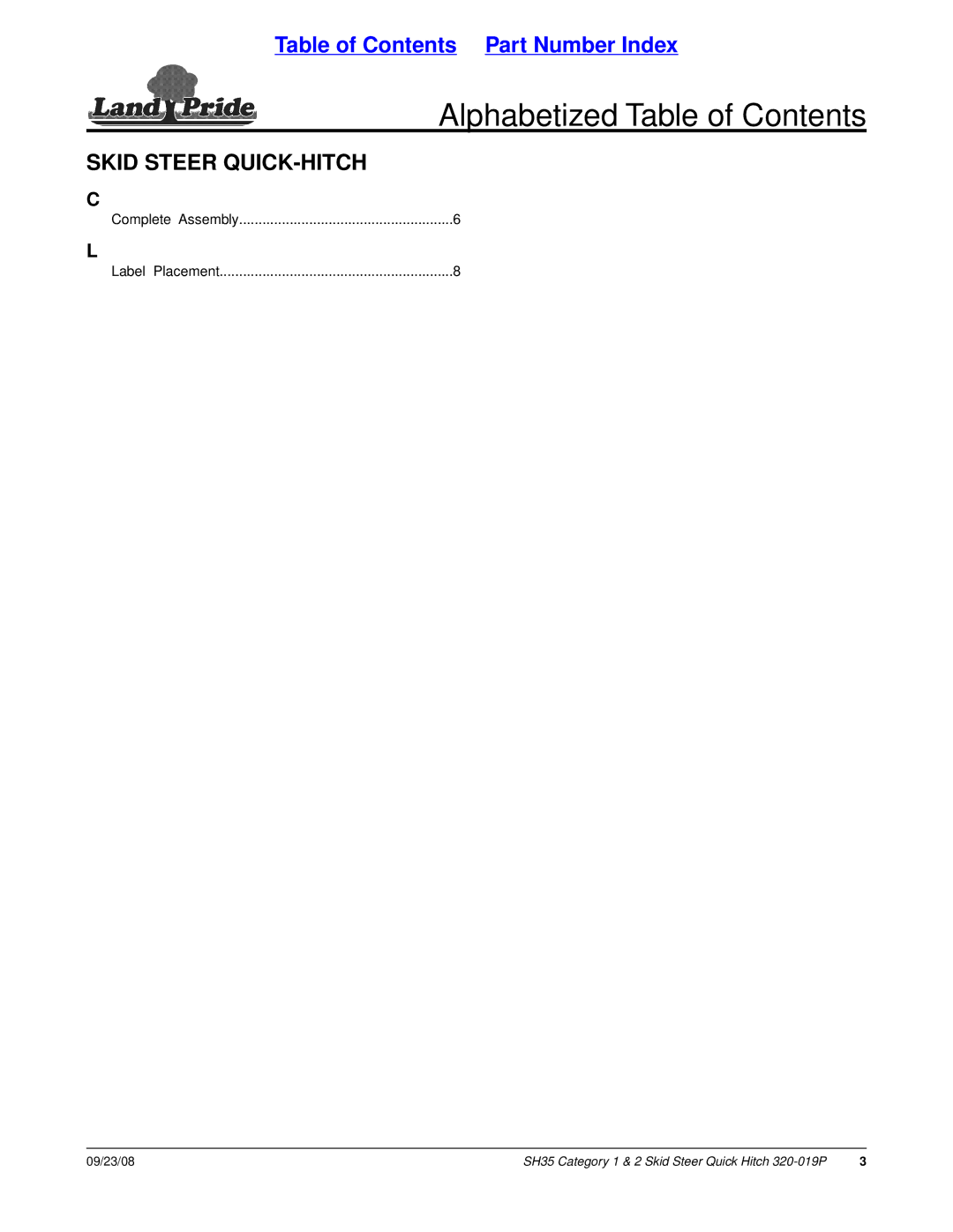 Land Pride SH35 manual Alphabetized Table of Contents 