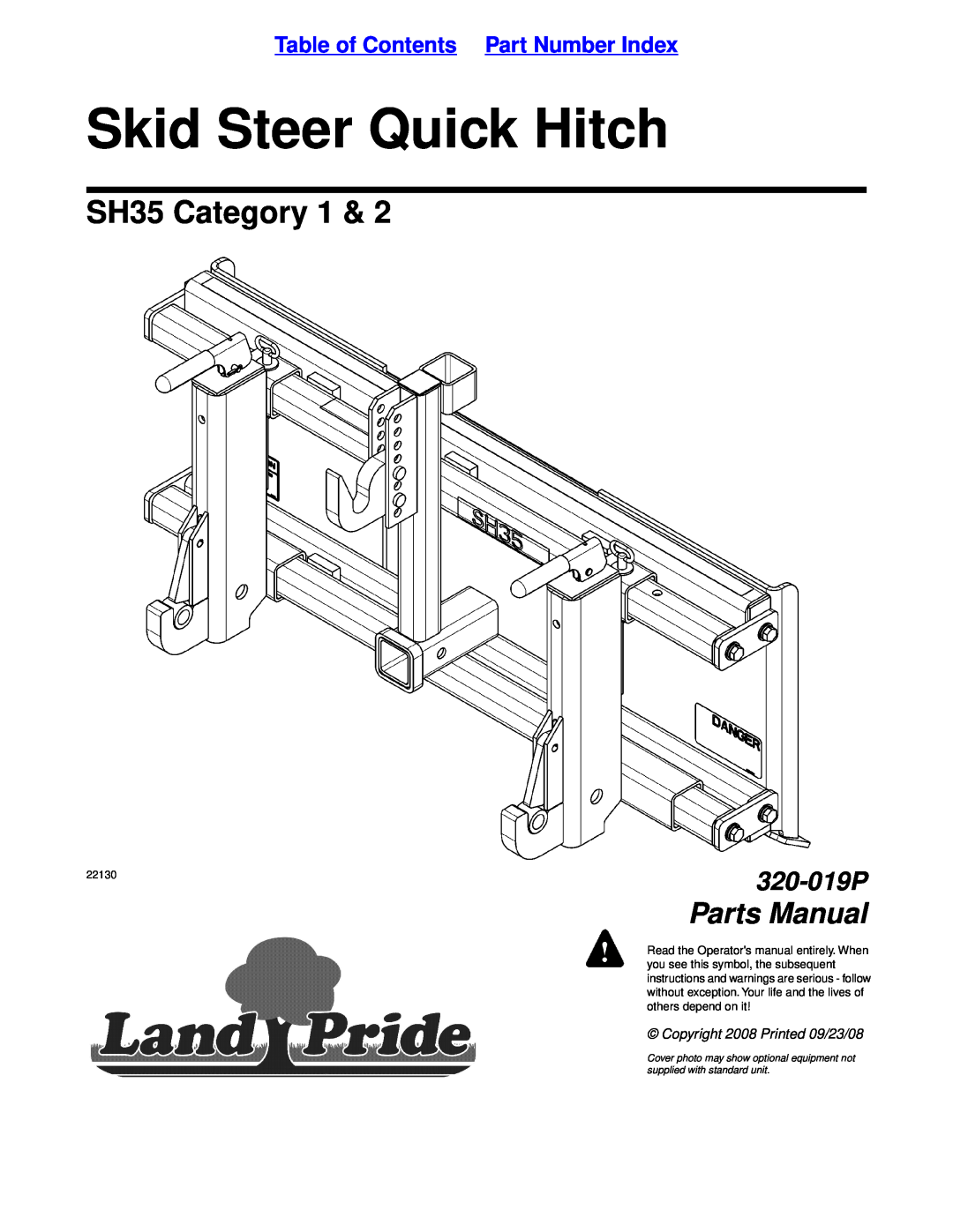 Land Pride manual Table of Contents Part Number Index, Skid Steer Quick Hitch, SH35 Category, Parts Manual, 320-019P 