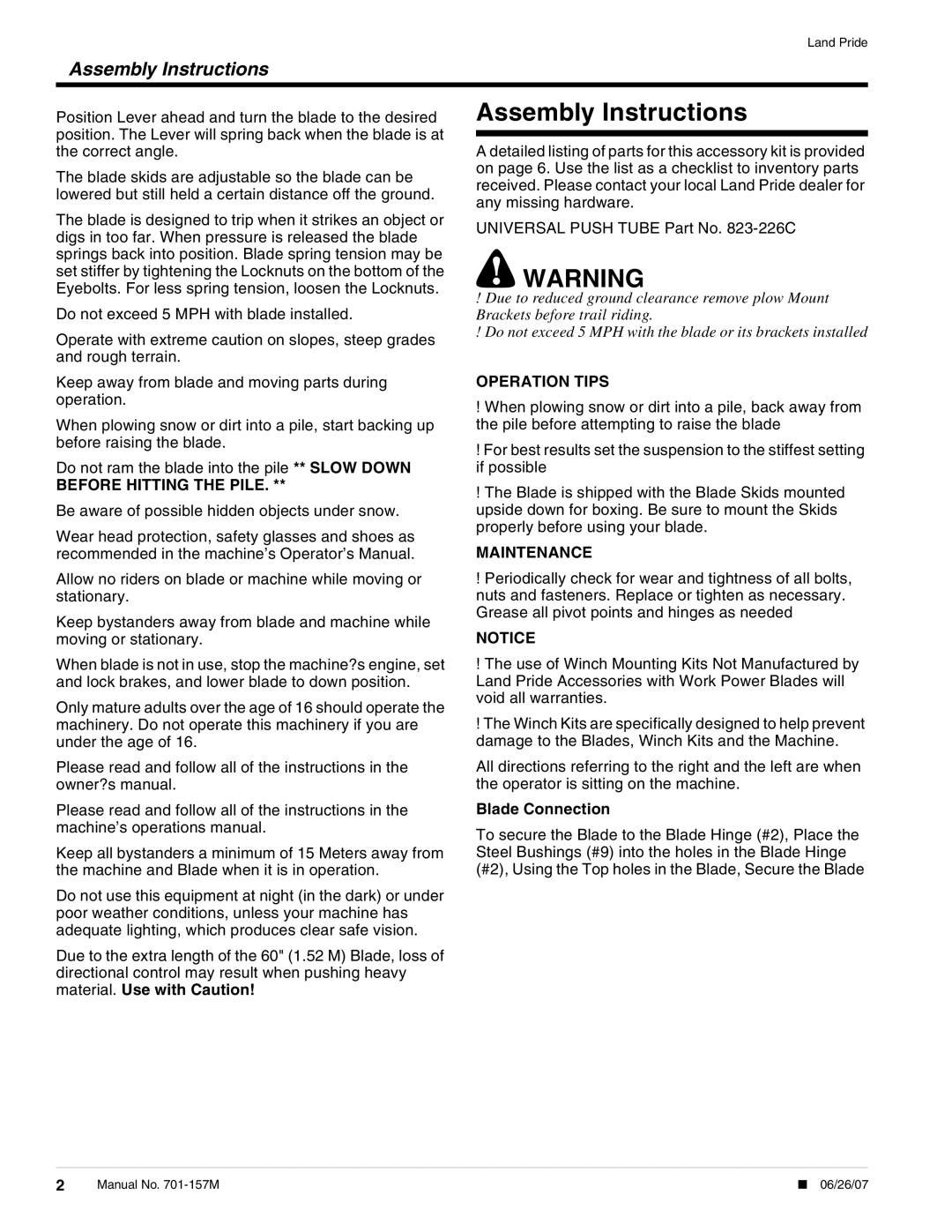 Land Pride Snow Plow installation instructions Assembly Instructions, Blade Connection 