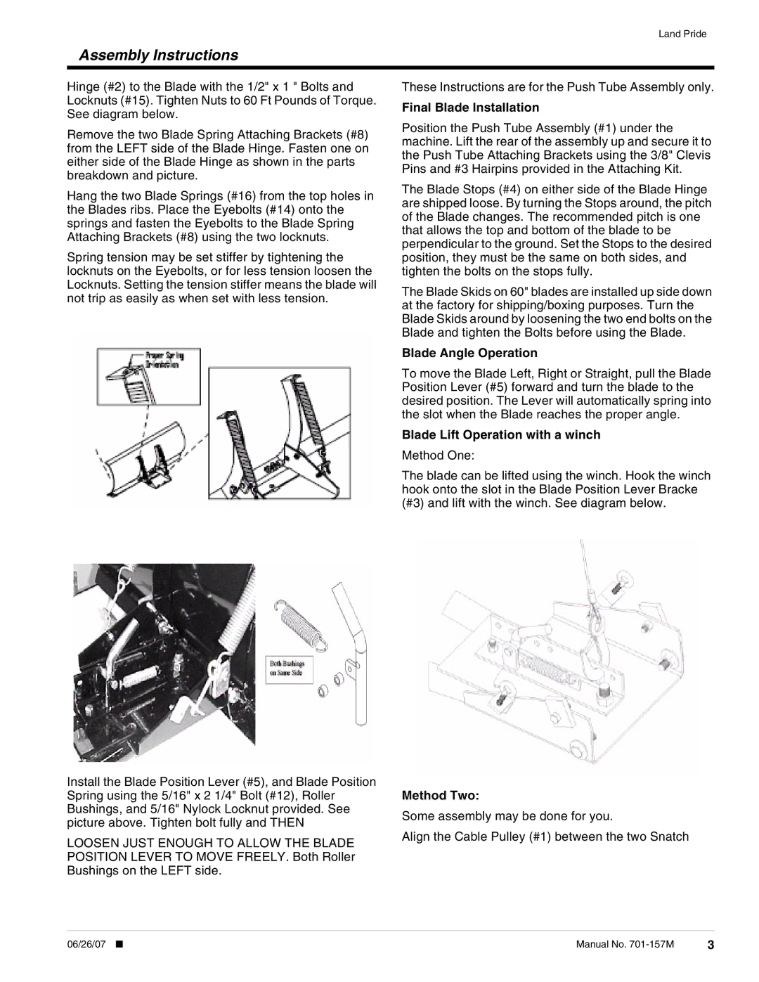 Land Pride Snow Plow Final Blade Installation, Blade Angle Operation, Blade Lift Operation with a winch, Method Two 