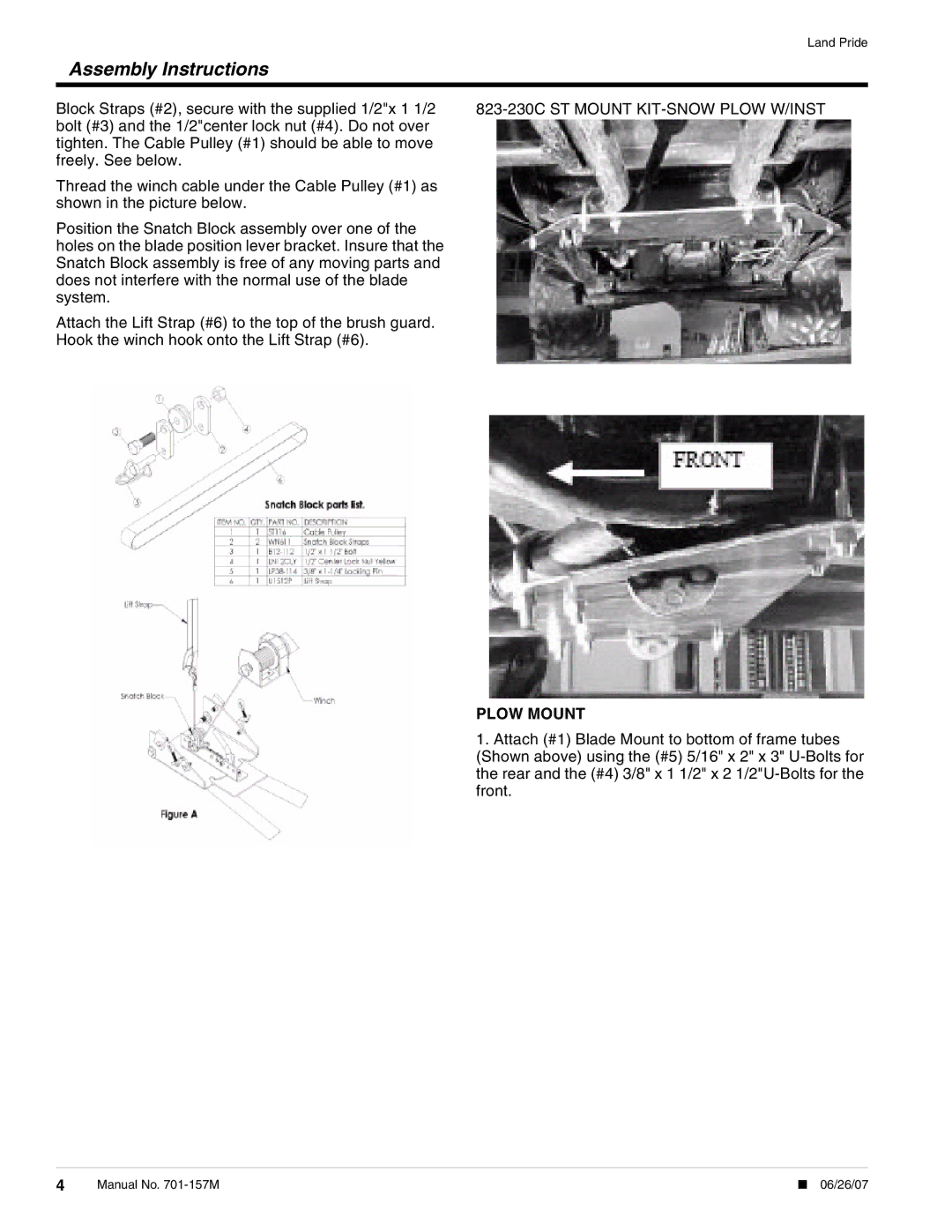 Land Pride Snow Plow installation instructions 823-230C ST Mount KIT-SNOW Plow W/INST, Plow Mount 