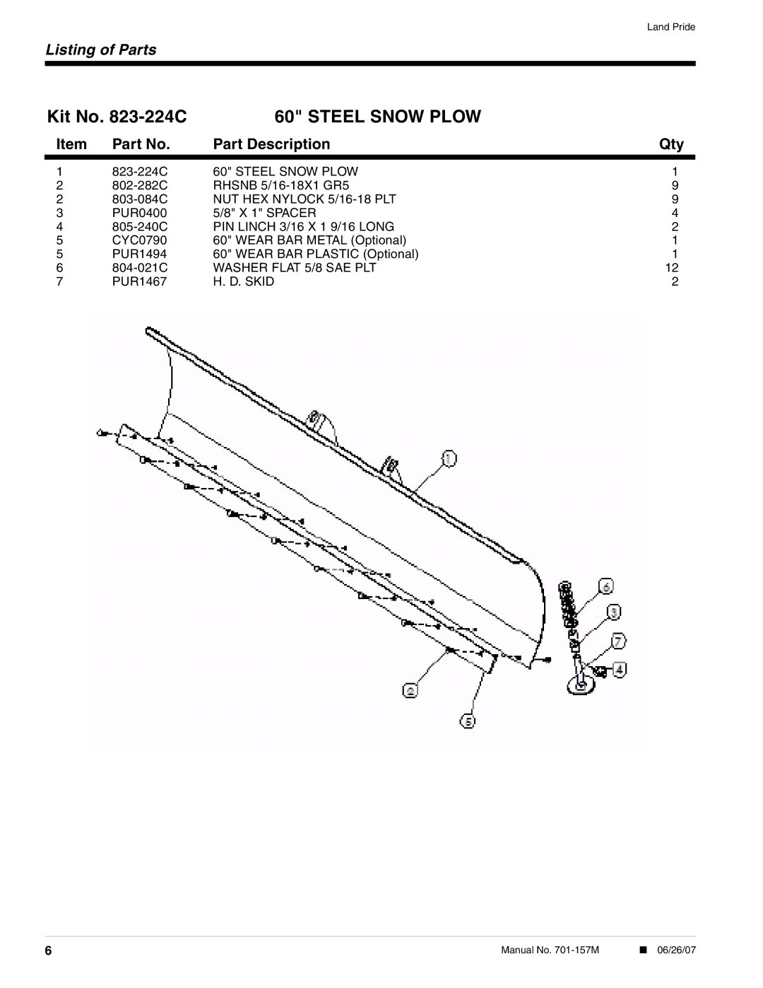 Land Pride installation instructions Steel Snow Plow, NUT HEX Nylock 5/16-18 PLT, Washer Flat 5/8 SAE PLT, Skid 