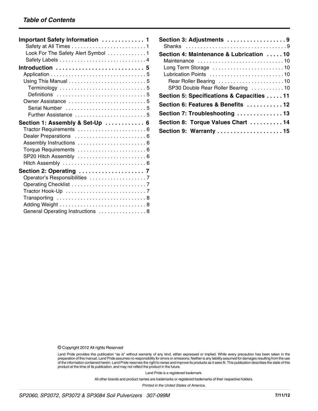 Land Pride SP2072, SP3084, SP3072, SP2060 manual Table of Contents 