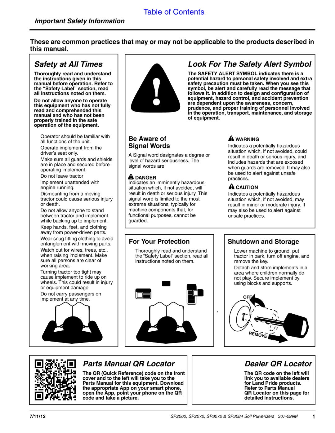 Land Pride SP2060, SP3084 Important Safety Information, Be Aware Signal Words, For Your Protection, Shutdown and Storage 