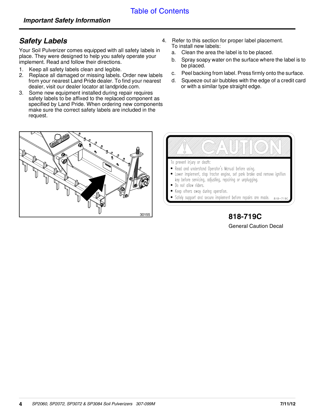 Land Pride SP2072, SP3084, SP3072, SP2060 manual Safety Labels, 818-719C 