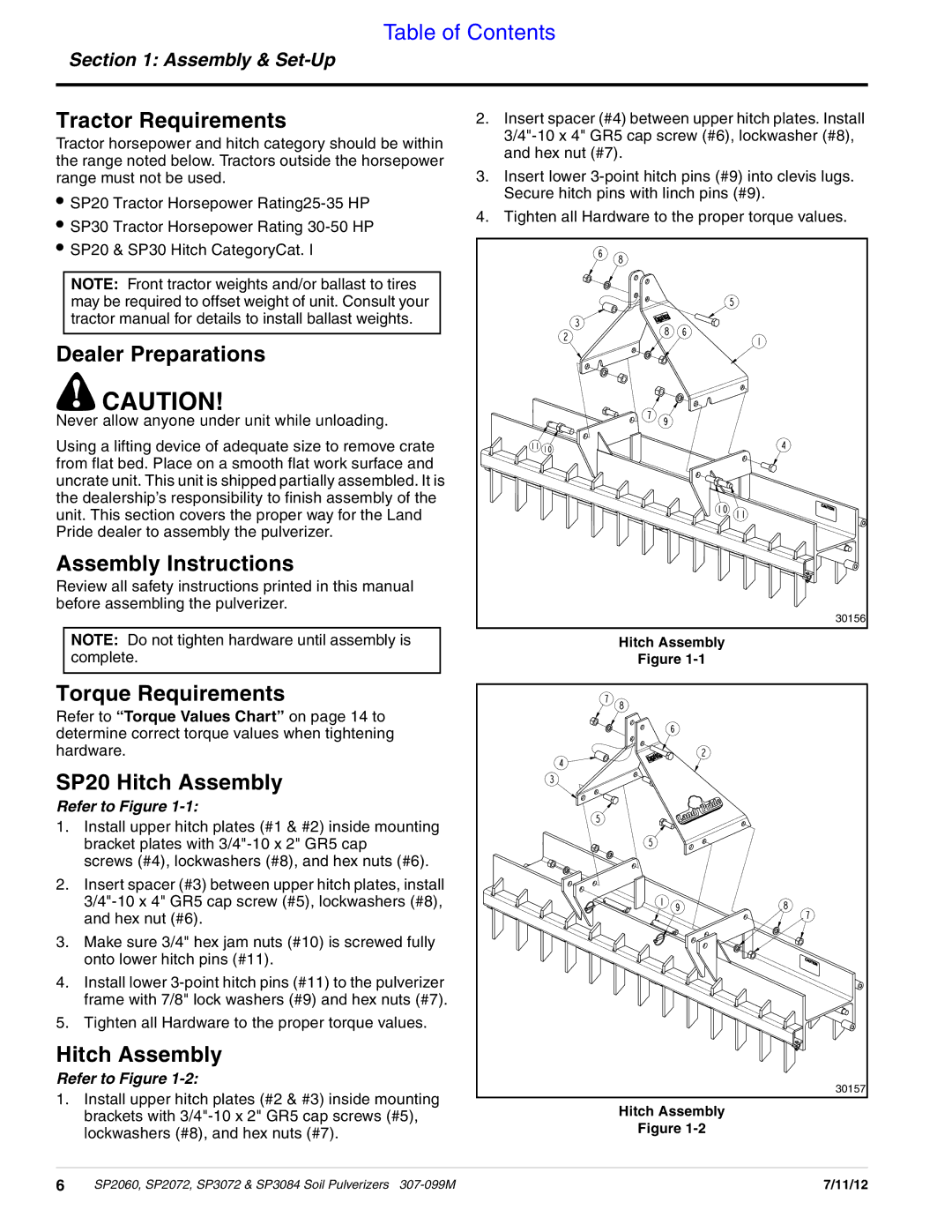 Land Pride SP3084 Tractor Requirements, Dealer Preparations, Assembly Instructions, Torque Requirements, Hitch Assembly 