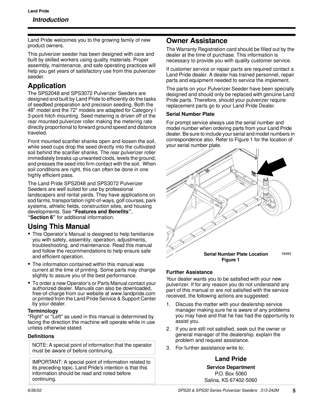 Land Pride SPS30 manual Application, Using This Manual, Owner Assistance, Introduction, Land Pride, Terminology, Deﬁnitions 