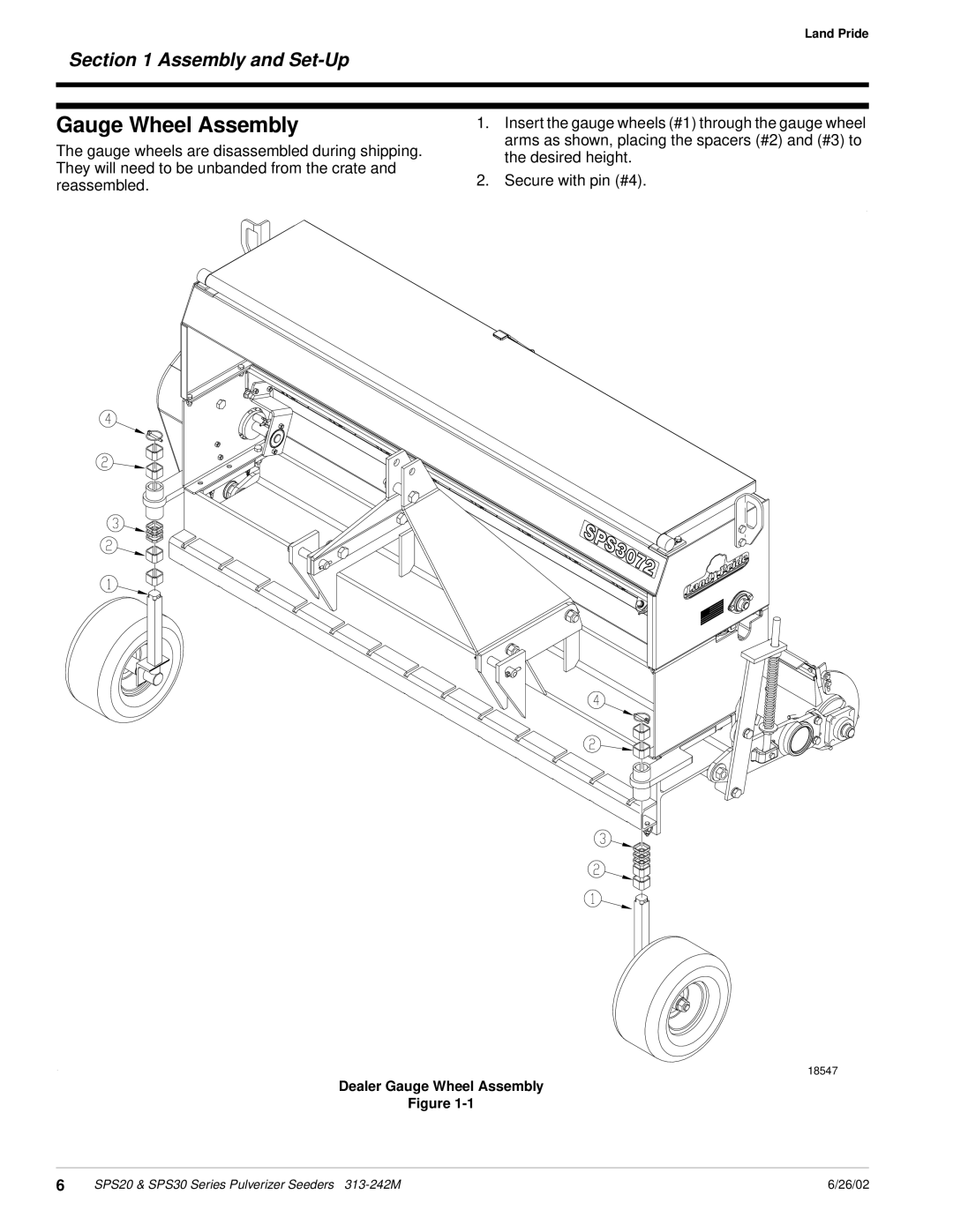 Land Pride SPS20, SPS30 manual Gauge Wheel Assembly, Assembly and Set-Up 